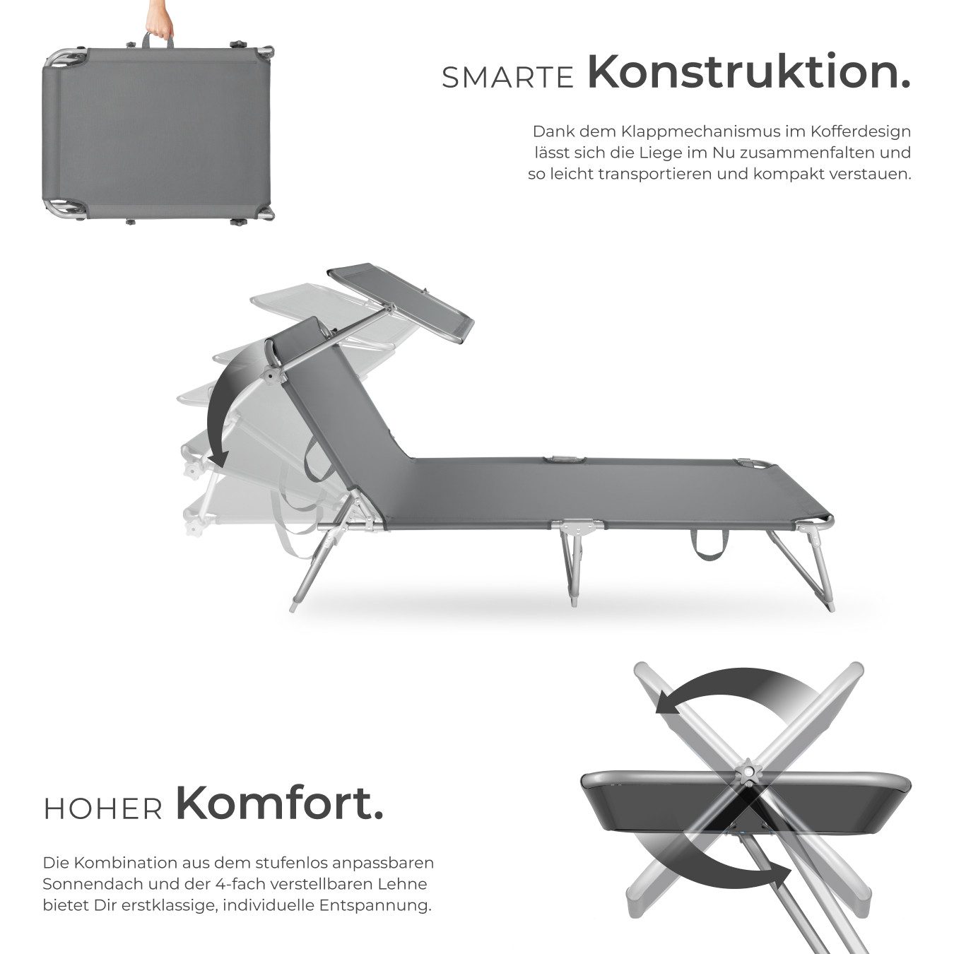 tectake Gartenliege klappbare Sonnenliege, verstellbare Rückenlehne, 190 x 68 x 28 cm, Balkonliege, 1 St., für Außen in Grau, stufenlos verstellbares Sonnendach, widerstandsfähig und UV-beständig