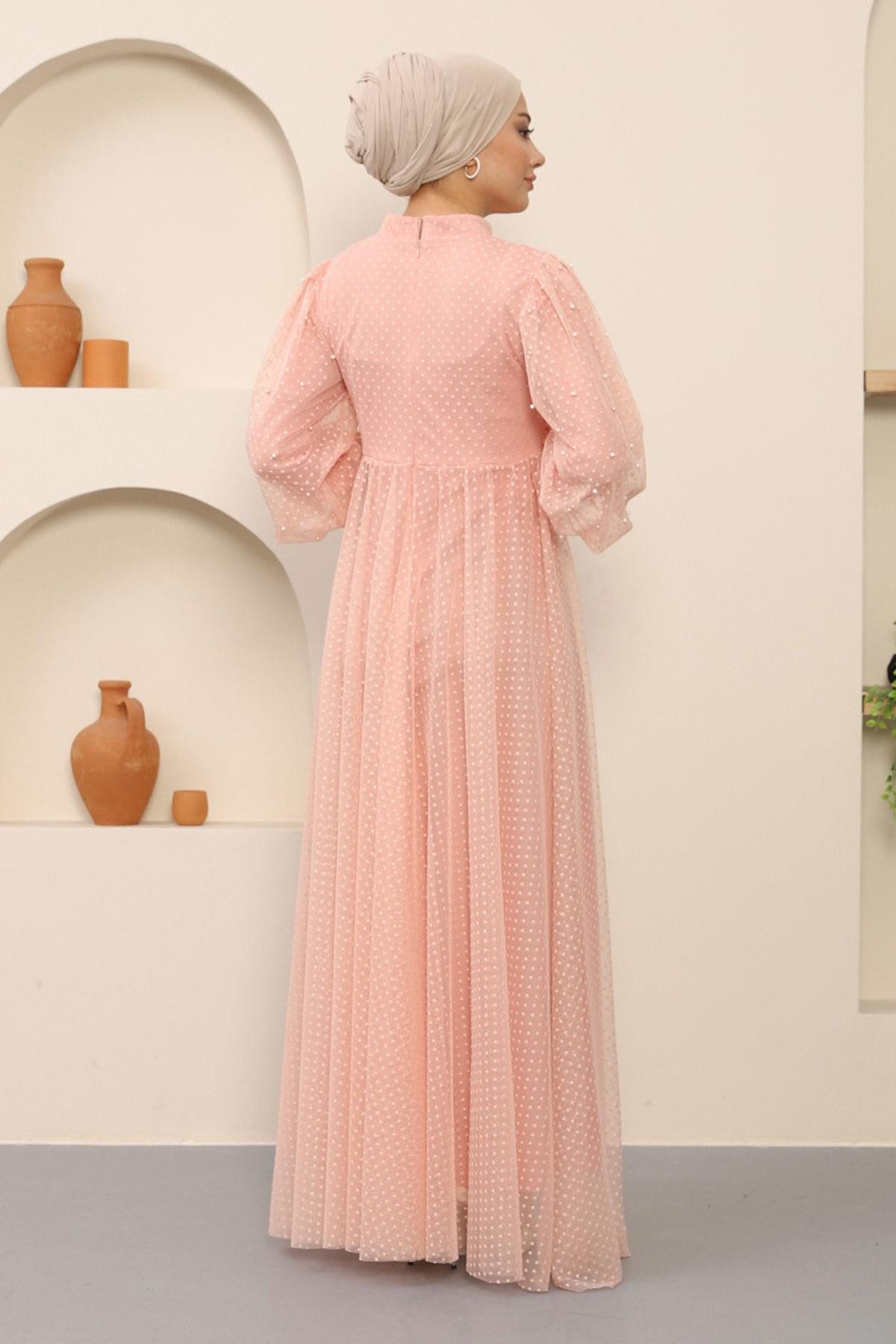 MODAMİHRAM Abendkleid Perlenbesetztes Tüllabendkleid Puder MSW12238-3