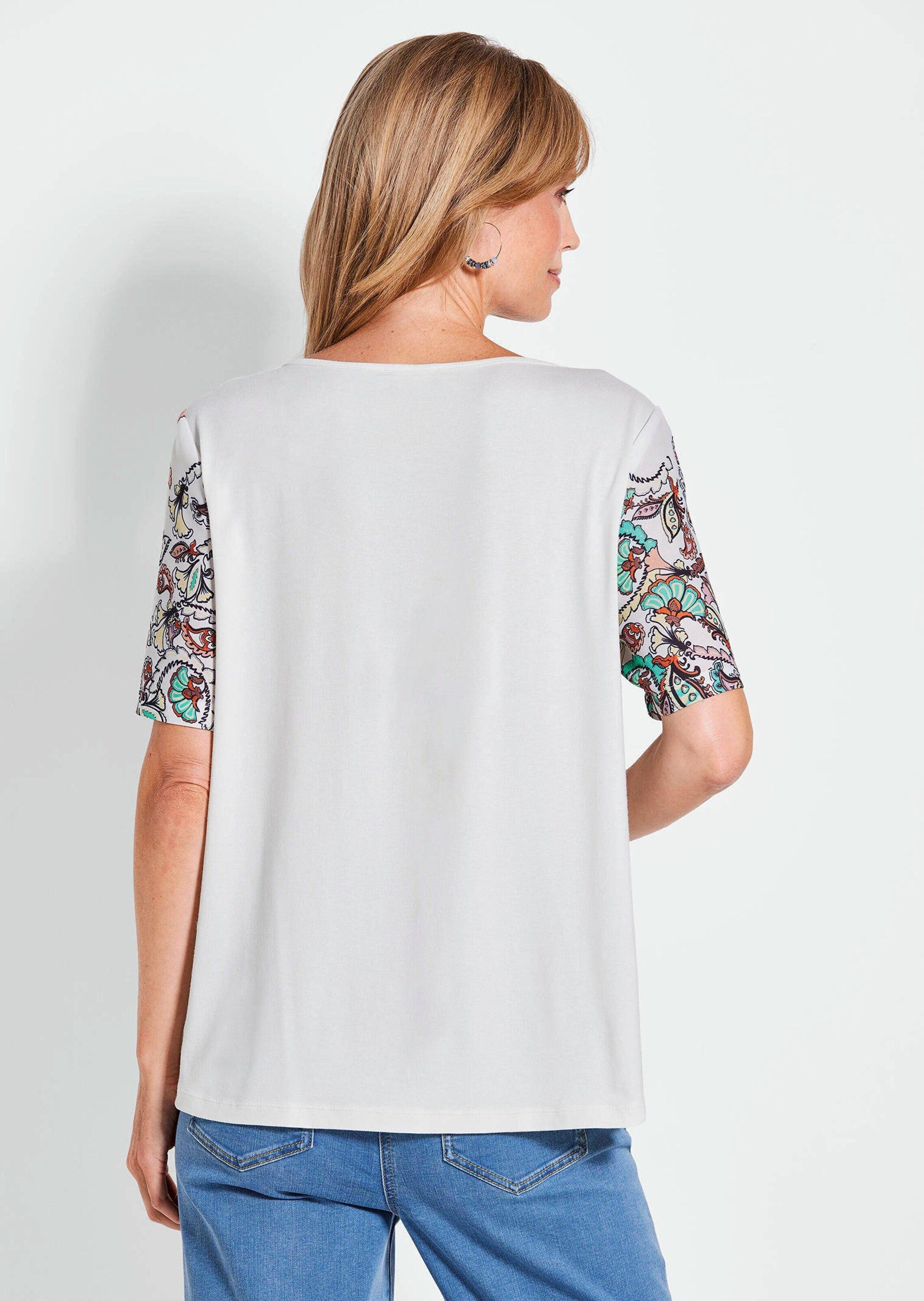 GOLDNER T-Shirt Elegantes Shirt mit Paisley-Design Printshirt mit U-Boot-Ausschnitt, halblange Ärmel, Chiffon-Front