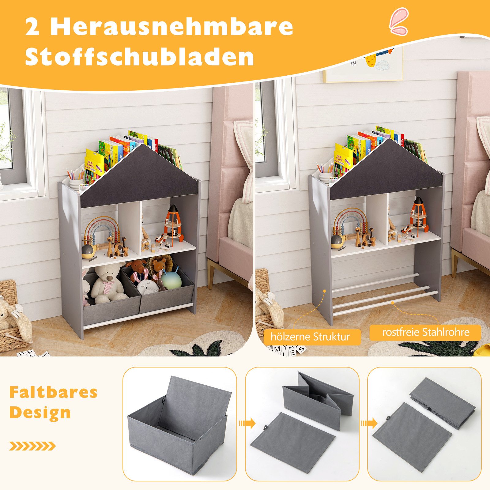 KOMFOTTEU Bücherregal, mit Tafel, 4 oberen Fächern, 2 offenen Fächern & 2 Stoffboxen