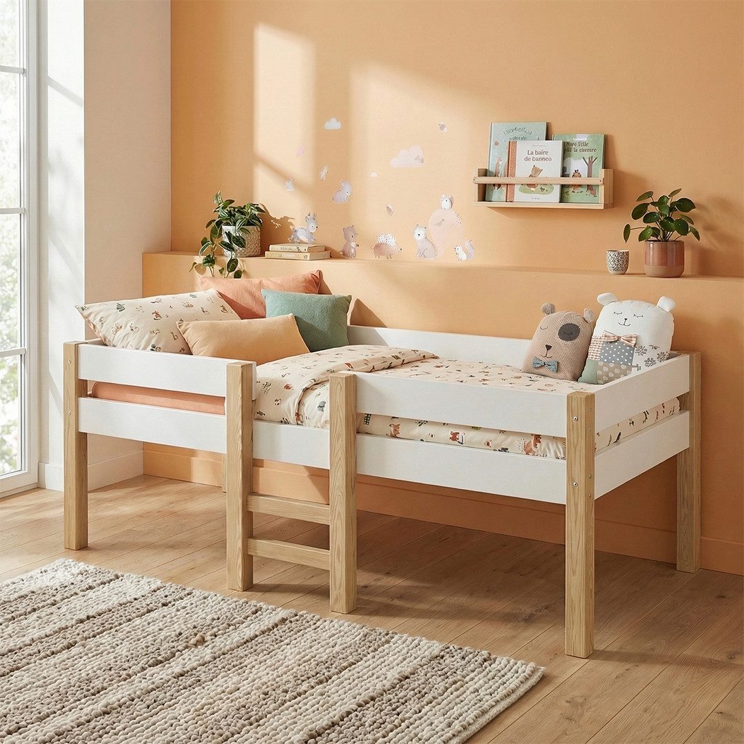 Bellabino Hochbett Aspy mit Rausfallschutz und Lattenrost 90x200 cm (natur / weiß, optional mit Matratze) verfügbar in verschiedenen Ausführungen