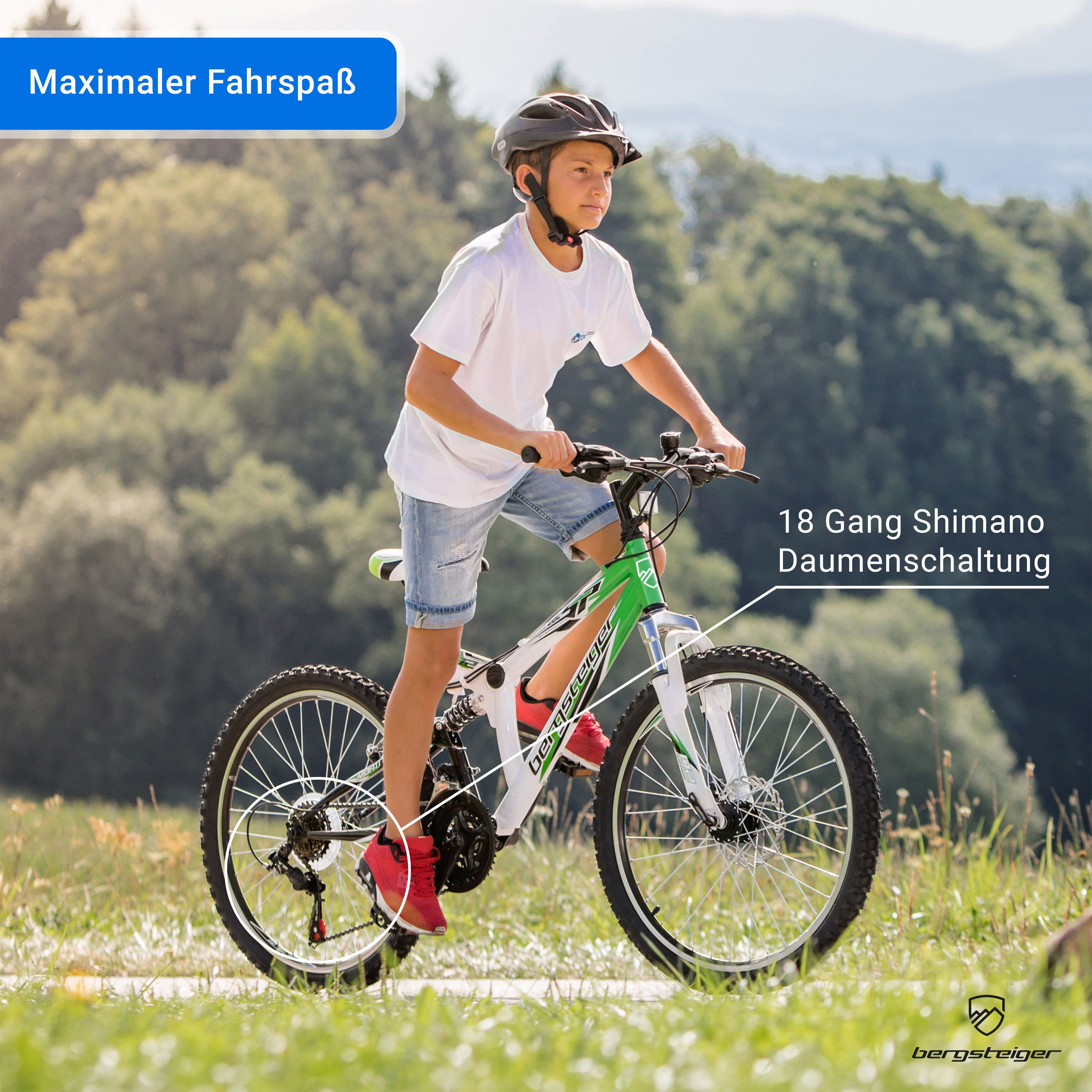 bergsteiger Mountainbike Montreal 20, 24 Zoll Kinderfahrrad, 6 - 13 Jahre, Mädchen, Jungen, 18 Gang Shimano Tourney RD-TZ50 Schaltwerk, Kettenschaltung, Scheibenbremse, V-Brake
