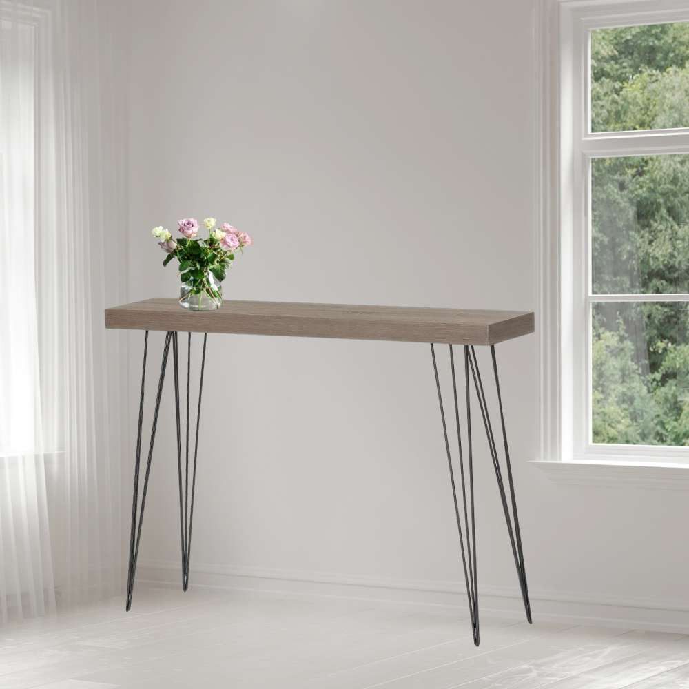 LebensWohnArt Konsolentisch Design Konsole GRIGIO 110cm hellgrau Eichen-Optik Metallgestell