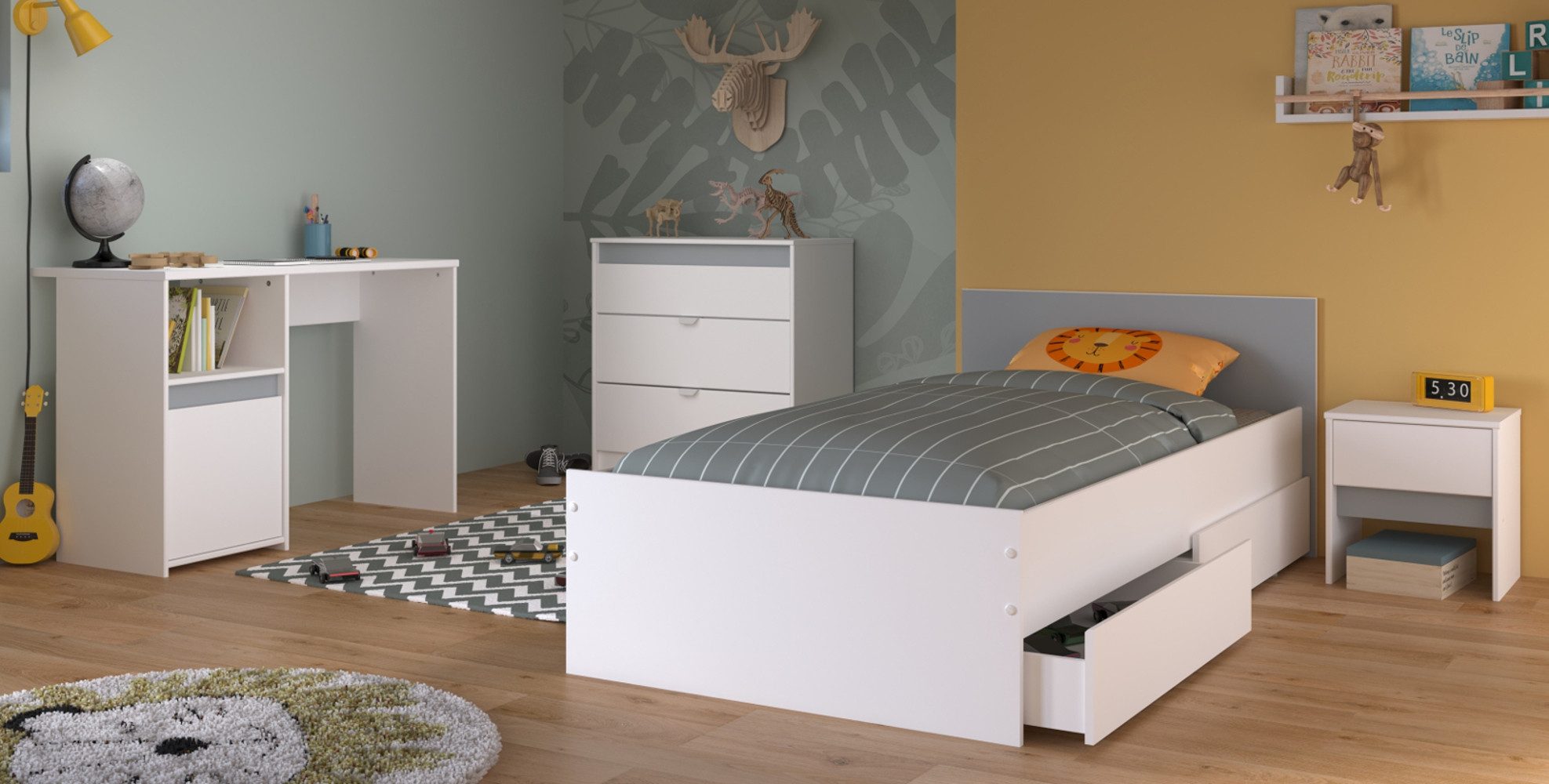 Parisot Jugendzimmer-Set Pirouette, (Kinderzimmer in weiß mit Grau oder Rosa, Komplett-Set 4-teilig), inklusive 2x Bettschubkasten