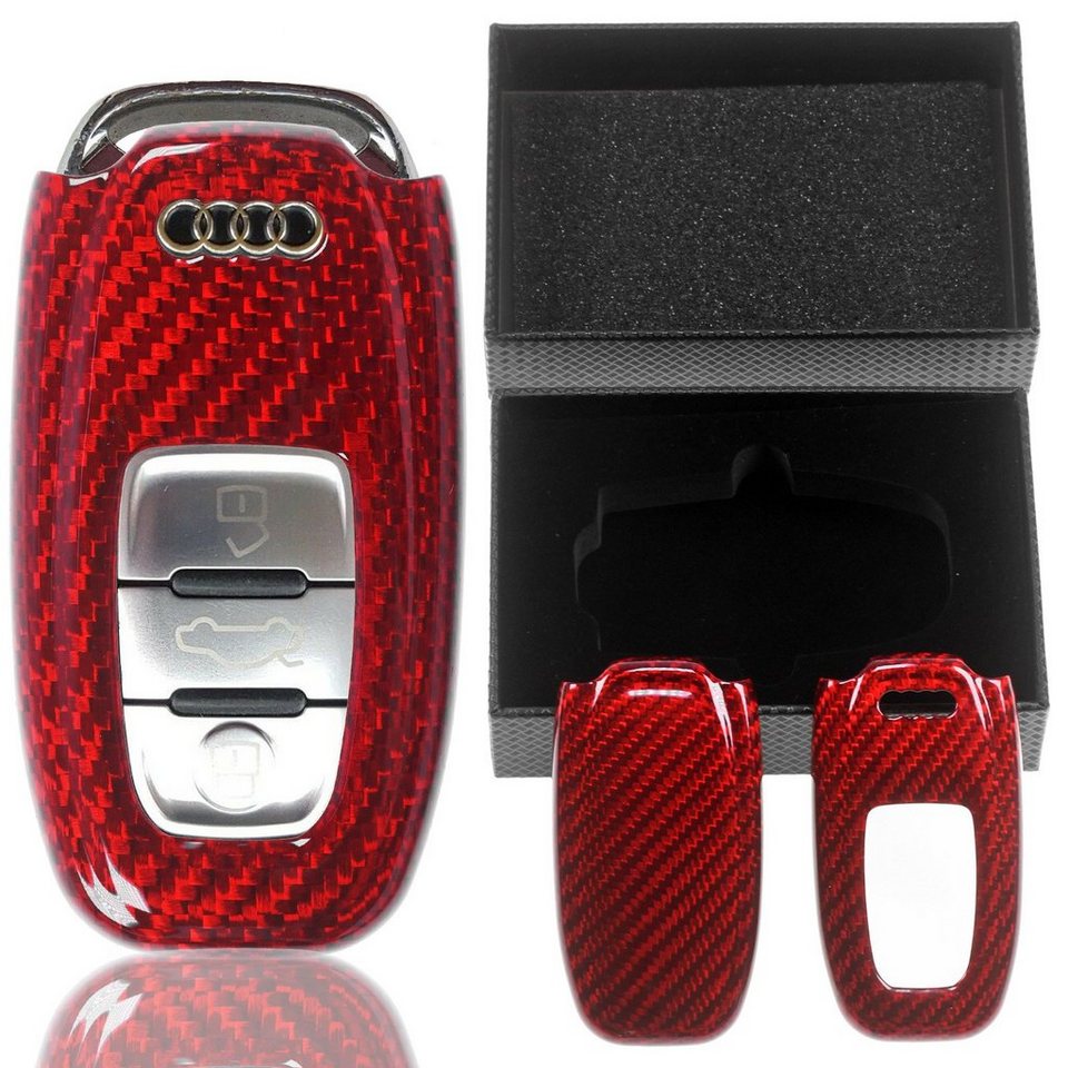 T-Carbon Schlüsseltasche Auto Schlüssel Carbon-Optik Schutz Hülle Rot, für  Audi A4 8K A5 8T 8F A6 A7 C7 R8 Q5 8R A8 X1 KEYLESS SMARTKEY