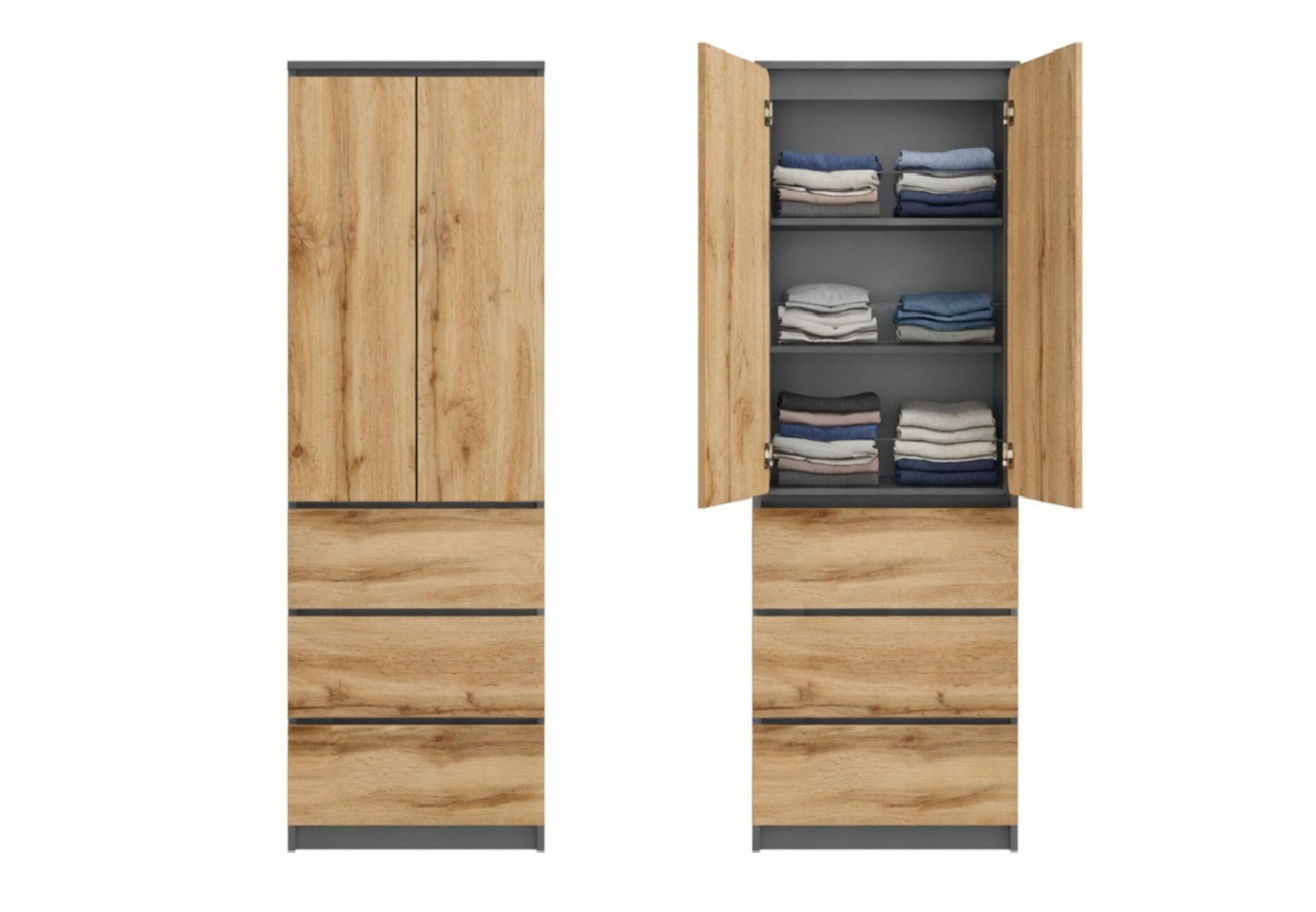 Home Collective Kleiderschrank Garderobenschrank Mehrzweckschrank Schrank platzsparend & vielseitig (50x40x180,5 cm (BxTxH), ideal für Schlafzimmer Flur & Arbeitszimmer) mit 2 Türig 3 Einlegeböden & 3 Schubladen in anthrazit-eiche