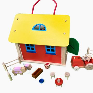 goki Spiel-Gebäude Bauernhaus Koffer mit Zubehör aus Holz (31-tlg), Das bunte Haus kann so gut im Kinderzimmer verstaut werden.