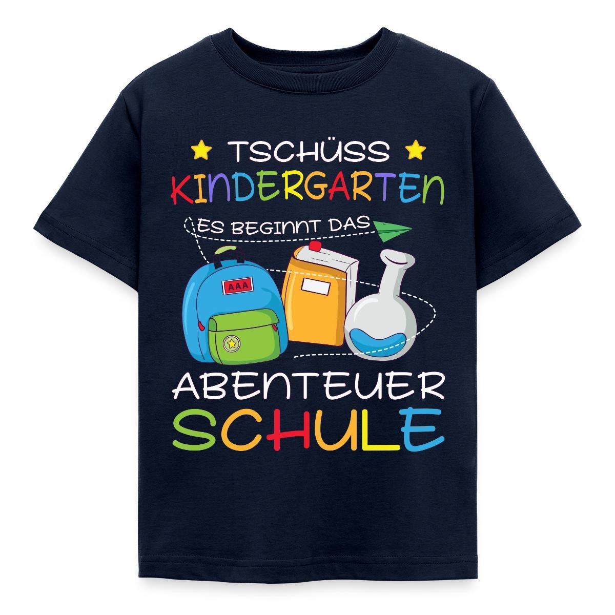 Spreadshirt T-Shirt Tschüss Kindergarten Abenteuer Schule Beginnt Bunt Kinder T-Shirt (1-tlg) Fällt klein aus. Wir empfehlen, eine Größe größer zu bestellen.