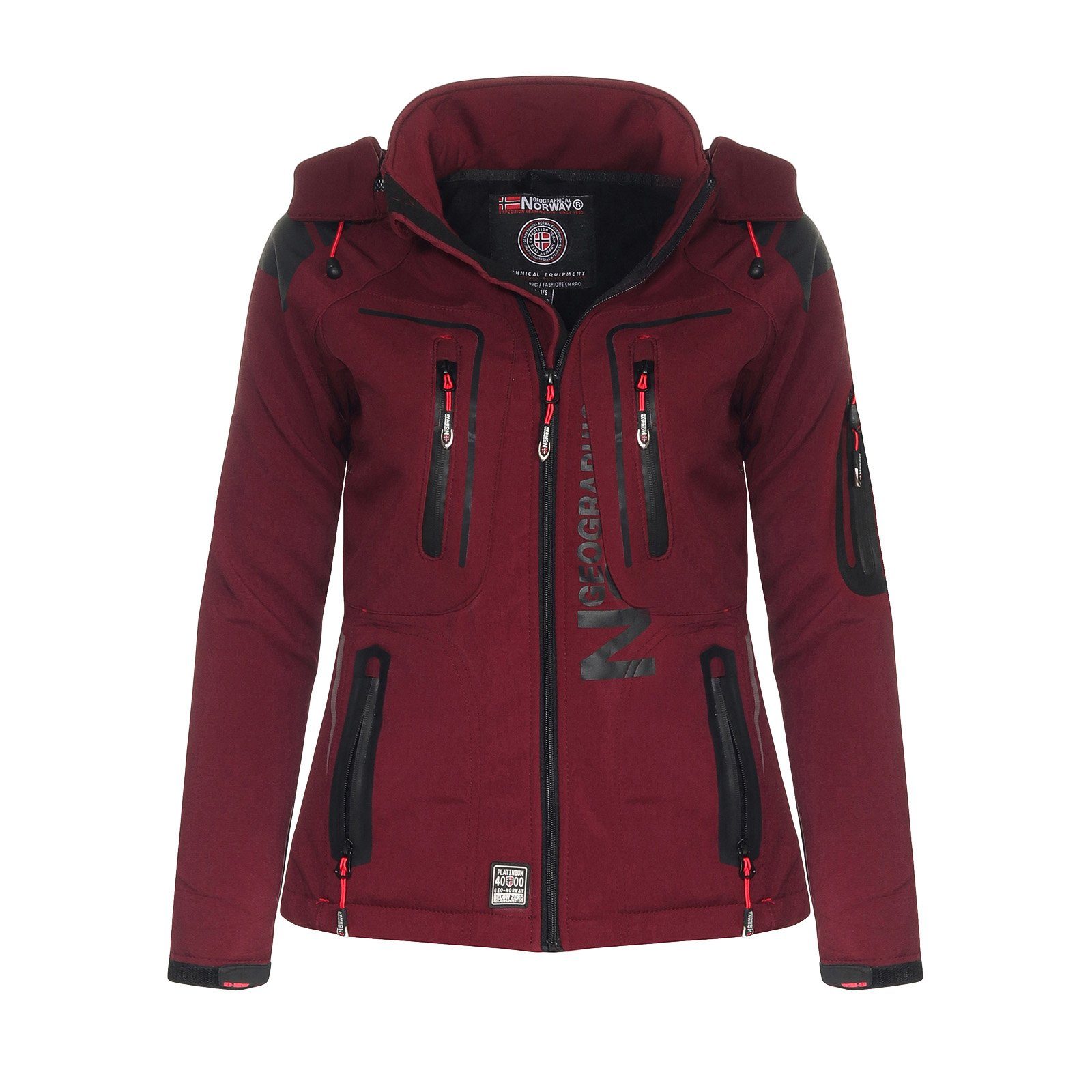 Reflektierende Geographical Kragen, hochschließender Applikationen G-Tansy Softshelljacke leyoley Geographical Damen Kapuze, by mit Norway Wetterschutz, Softshelljacke Burgundy Norway abnehmbarer