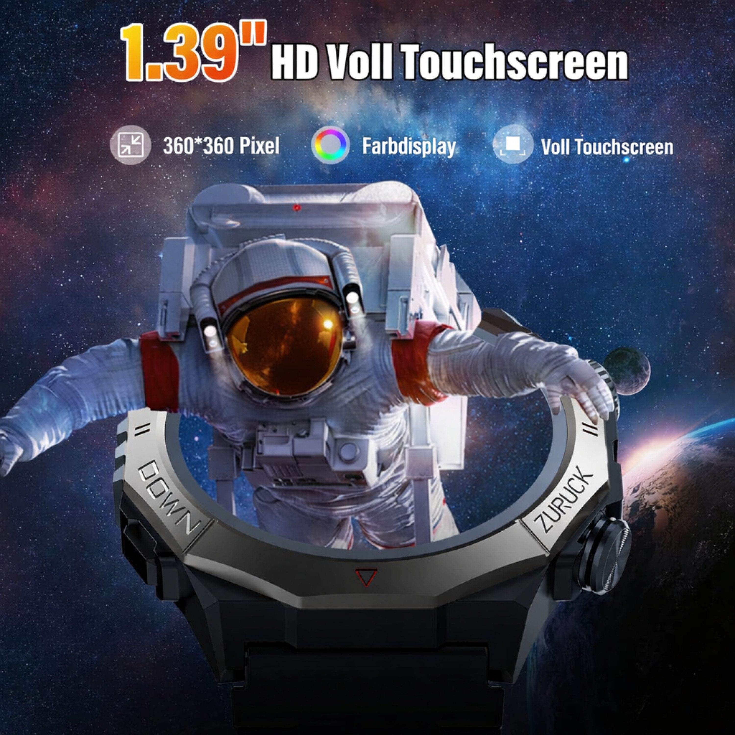 RUHE Smartwatch Telefonfunktion Herren Schrittezähler Touchscreen Silikon Smartwatch (3,53 cm/1.39 Zoll, Android und iOS) Sportuhr, 1-tlg., Herzfrequenzmonitor Schlafmonitor, Fitnessuhr für iOS und Android IP68 Wasserdicht 110+ Sportmodi Schwarz