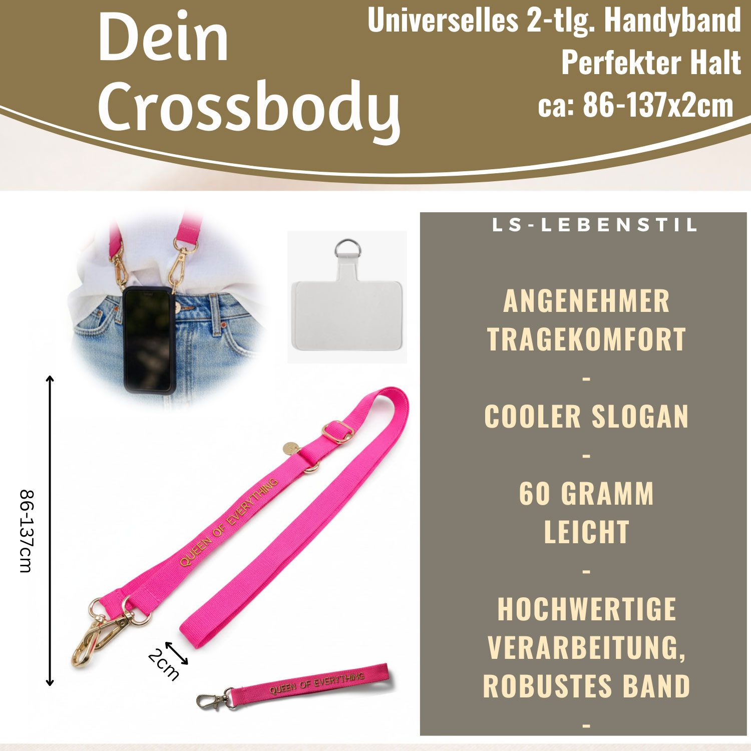 LS-LebenStil Handykette Crossbody Handyband mit Spruch Queen of Every Pink Gold 2 Karabiner Lanyard mit Universal Pad, ideal aus als Schlüsselanhänger Schlüsselband, Universal für jedes Smartphone zum Umhängen oder am Handgelenk