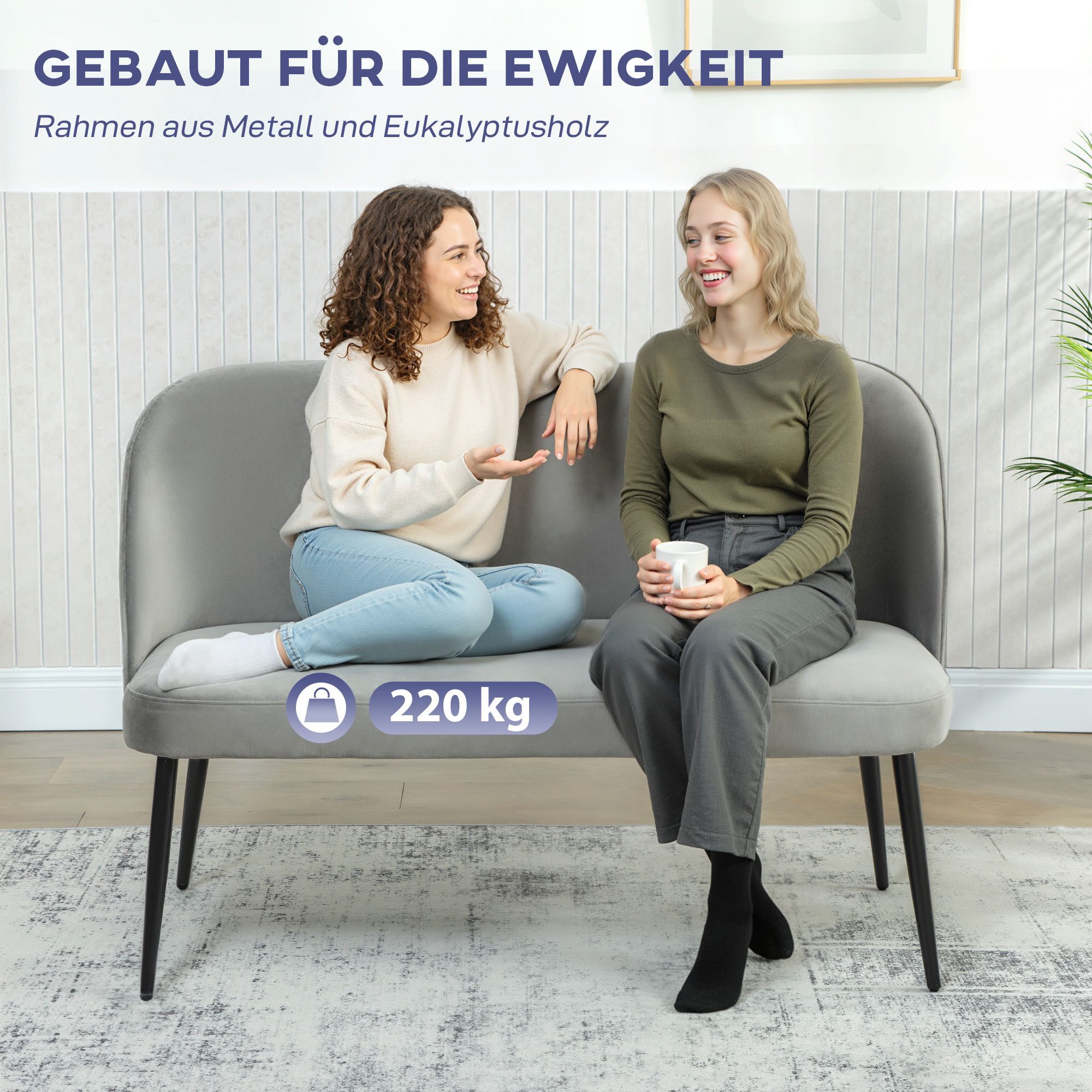 HOMCOM 2-Sitzer Sofa mit geschwungener Rückenlehne, modernes Loungesofa., Couch 1 Teile, samtartiger Stoffbezug, Grau – Bild 5 von 5