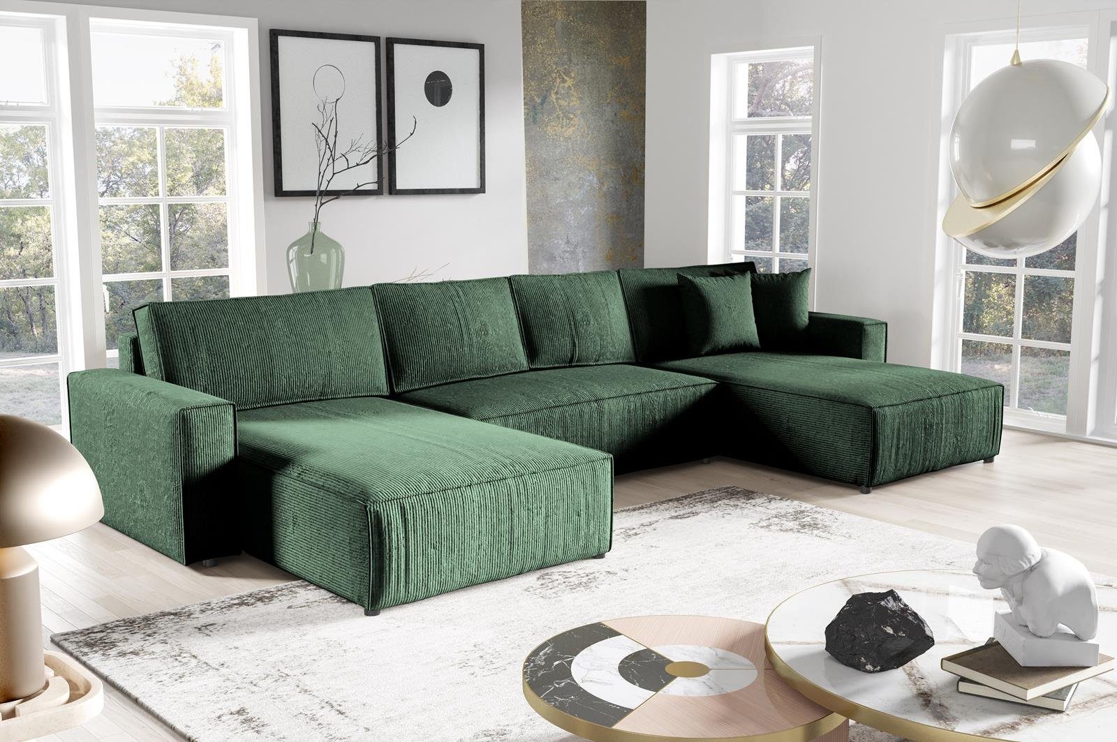 BOSTON U-Form Funktionen Compleo Grün mit cm U, Ecksofa Schlafsofa Corner Ecksofa 390