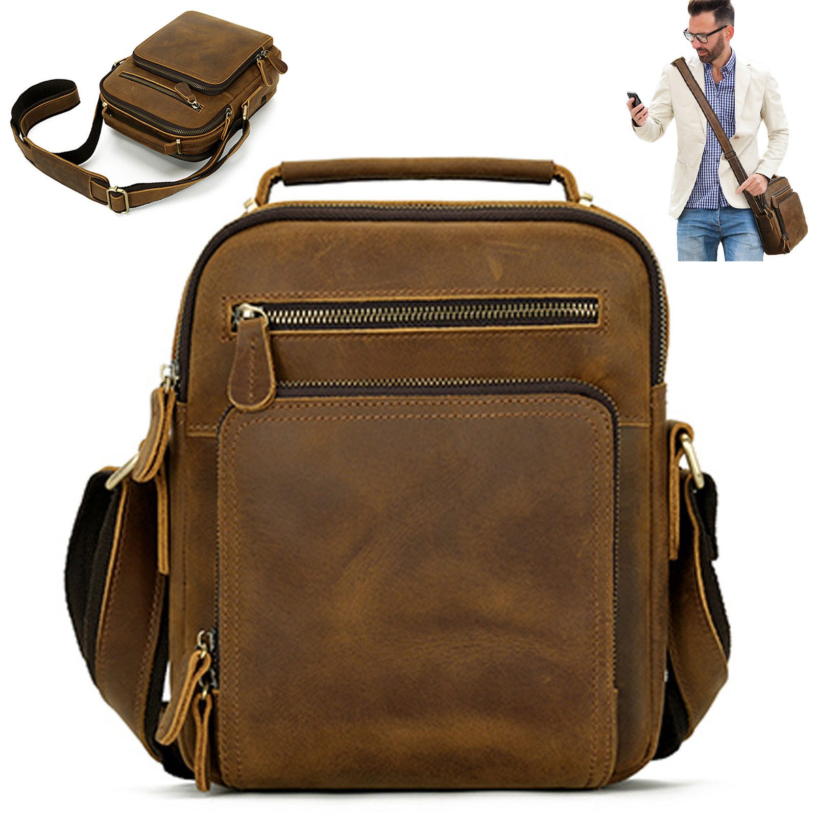 OKWISH Umhängetasche Henkeltasche Handtasche Vintage Leder Tragetasche (Arbeitstasche Messenger-Tasche mit Top Griff Schultergurt, Ledertasche, Unitasche, 21x26x11 cm), für Herren Frauen Jungen Freizeit Arbeit Business Schule Büro Reisen