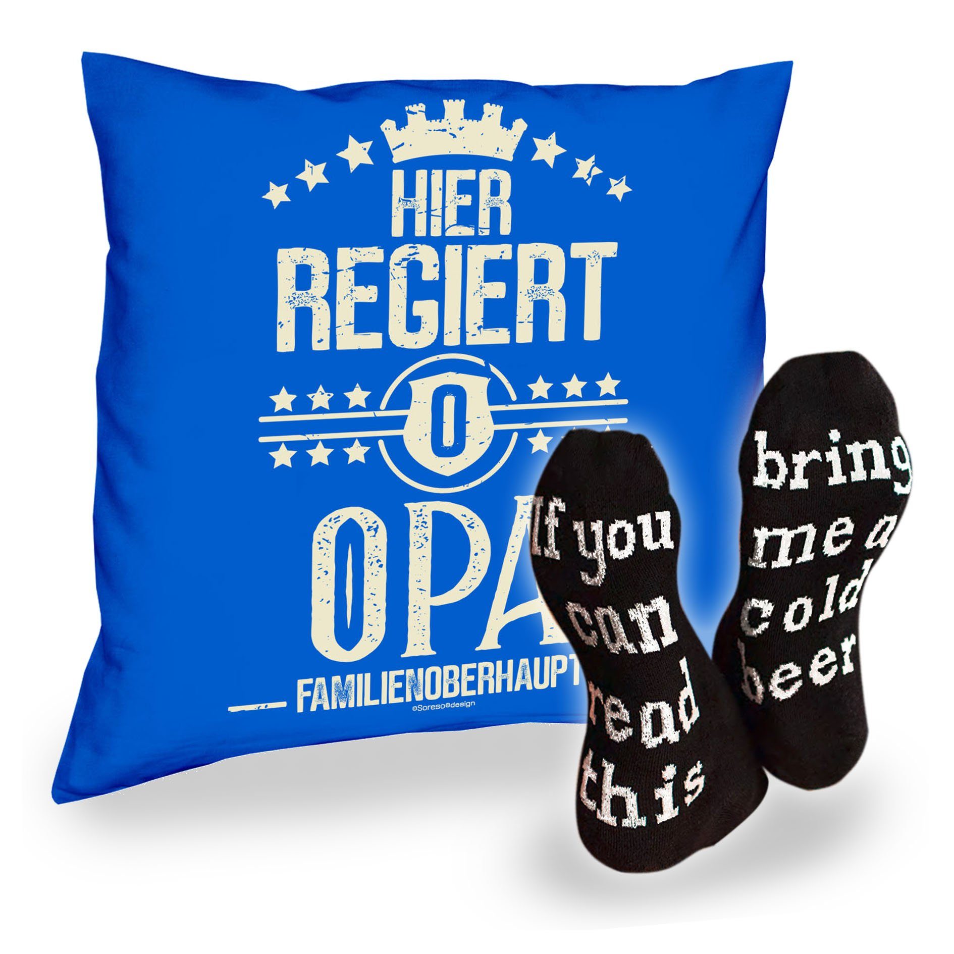 Soreso® Dekokissen Kissen mit Füllung und Socken für Opa Großvater, Geburtstagsgeschenke Opas Royal Blau