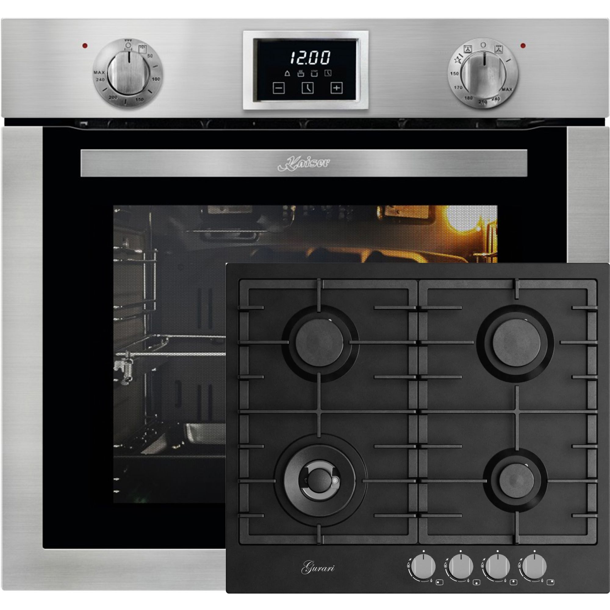 Kaiser Küchengeräte Backofen-Set Herd Set Autark Einbau Gasbackofen Autark, 79L, Grill, Drehspieß+Gaskochfeld 60 cm, Schwarz 4,0 KW WOK, 4 Gasbrenner,Autark EG 6372+GCH FB 604 BL., mit 1-fach-Teleskopauszug