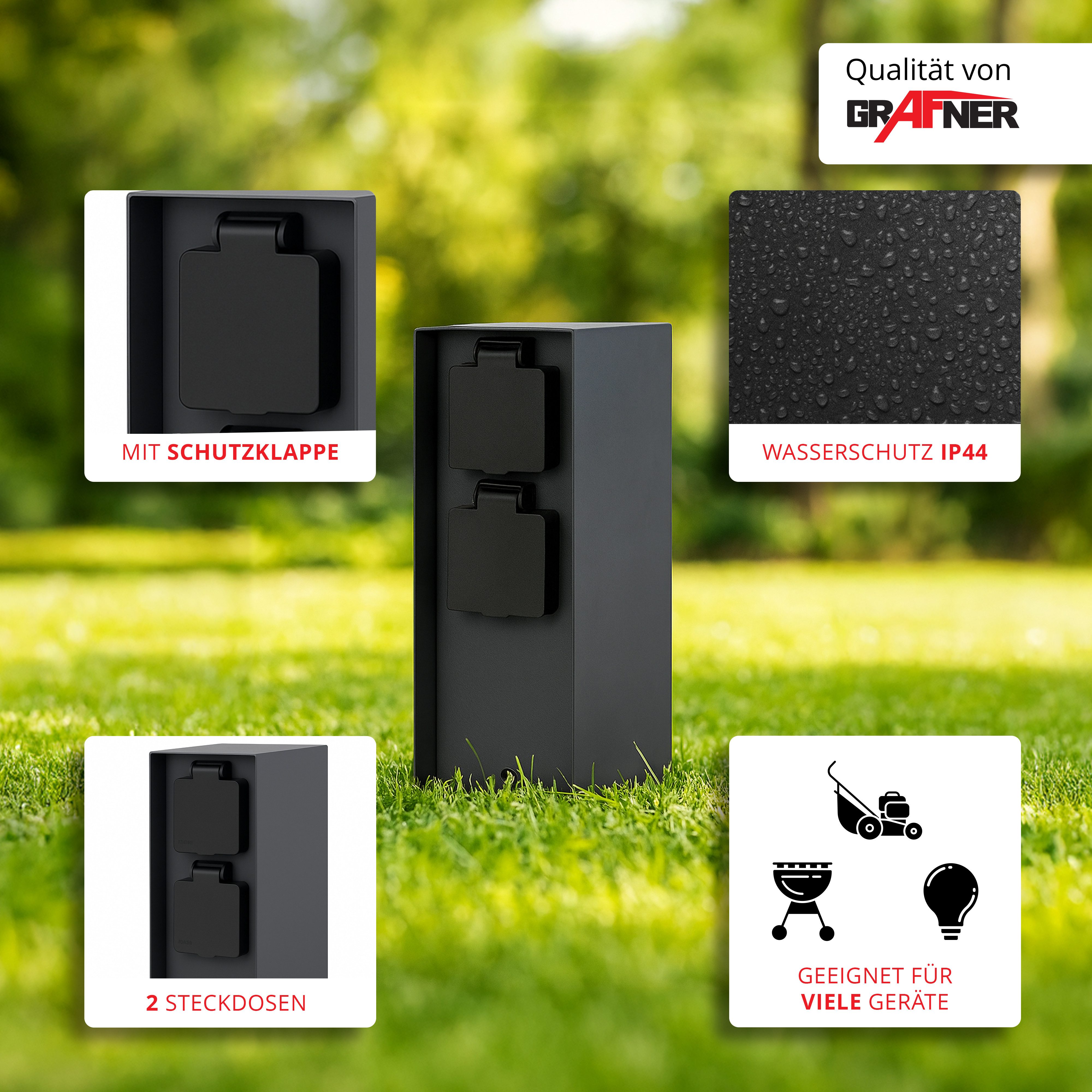 Grafner Gartensteckdose Steckdosensäule Gartensteckdose Anthrazit 4 Außensteckdosen Edelstahl, Steckdosen mit Klappdeckel