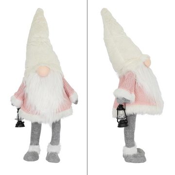 ECD Germany Weihnachtsfigur LED Wichtel-Figur Weihnachtsdeko Weihnachtswichtel Weihnachtszwerg, Warmweiß beleuchtete Laterne und Nase 80cm Rosa-Weiß batteriebetrieben