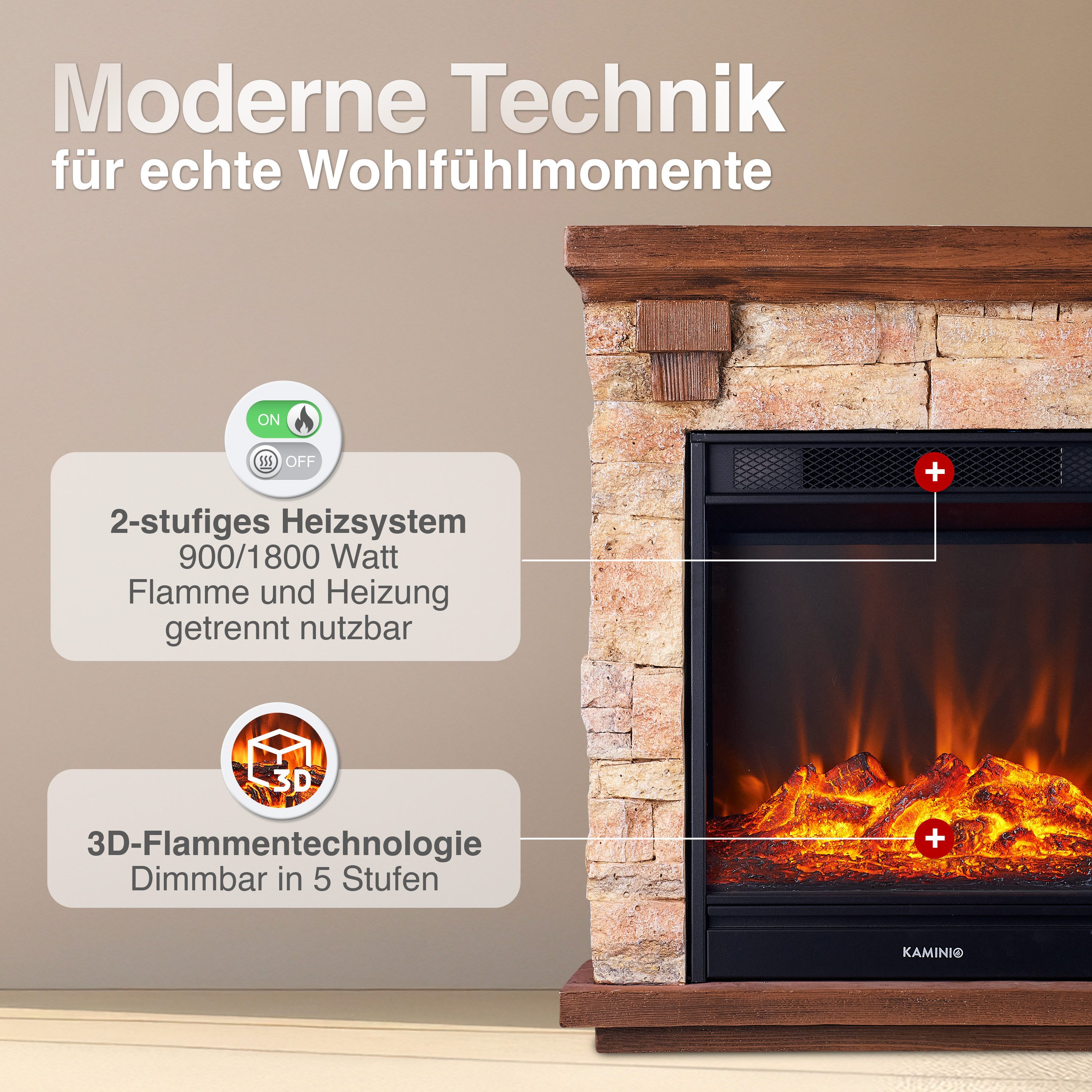 KAMINIO Elektrokamin JUAN, Elektrischer Kamin mit 3D-Flammeneffekt, Heizung 1800W