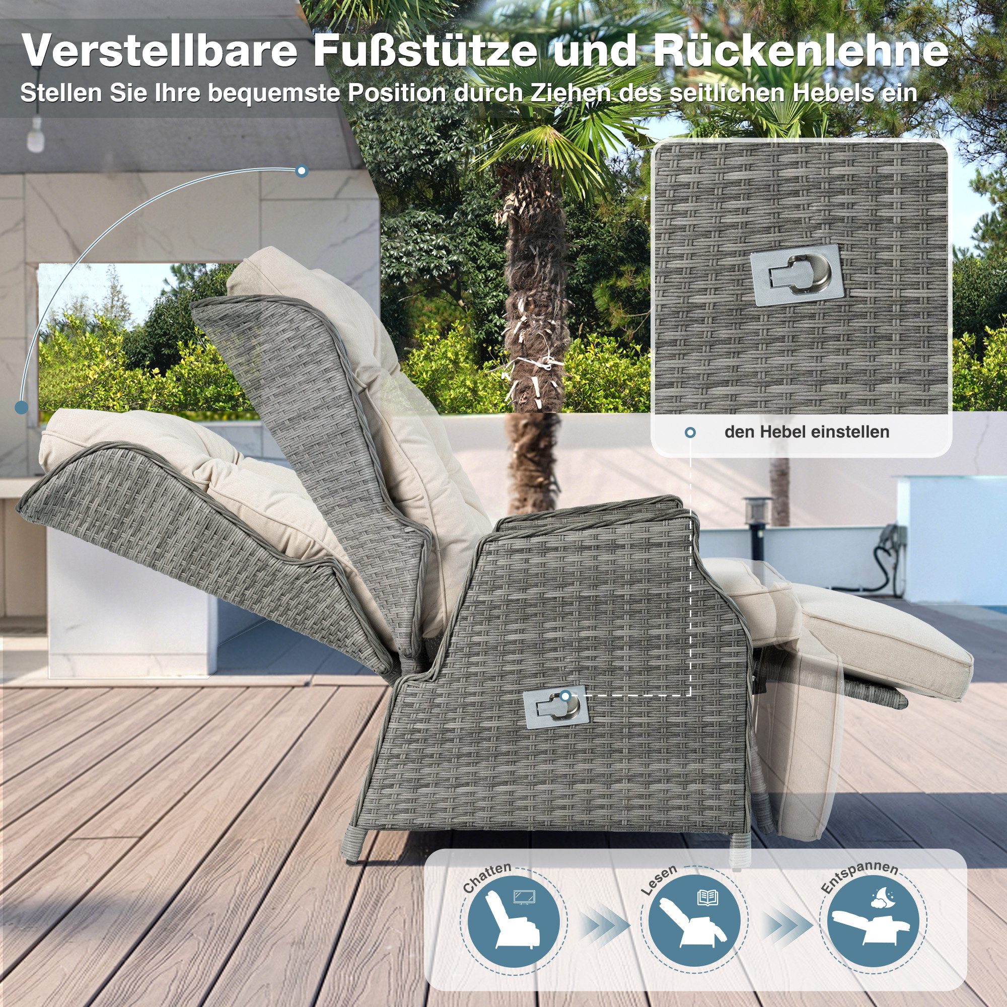HOMECALL Rattanstuhl Gartensessel Indoor Verstellbar Liegestuhl Gartenliege balkonliege (Wetterfester Rahmen, klappbarem Beistelltisch und Fußstütze, 1 St), COMLAX FIELD