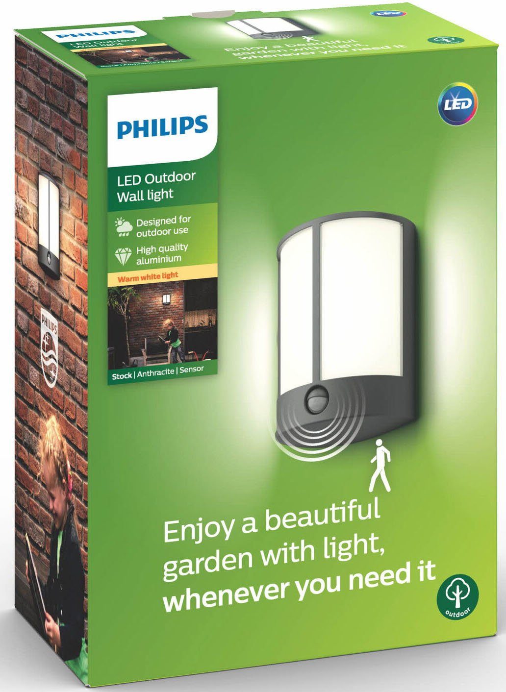 Philips Wandleuchte Stock, Bewegungsmelder, LED fest integriert, Warmweiß,  myGarden IR LED Wandleu 600lm Bewegmel Anthrazit