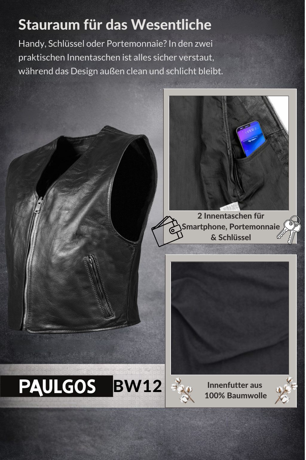 PAULGOS Motorradweste Lederweste Biker Kutte Clubweste Chopper Weste 100% Echtleder - BW12