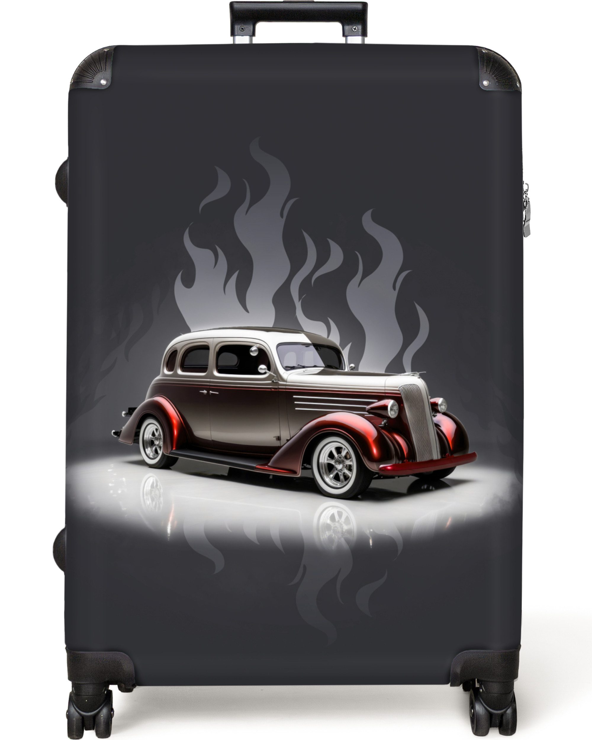 NoBoringSuitcases.com© Kinderkoffer Auto - Weiß - Flammen - Vintage 77 cm - 98 L, 8 Rollen, Reisekoffer mit Rollen Großer für 30kg, Jungenkoffer