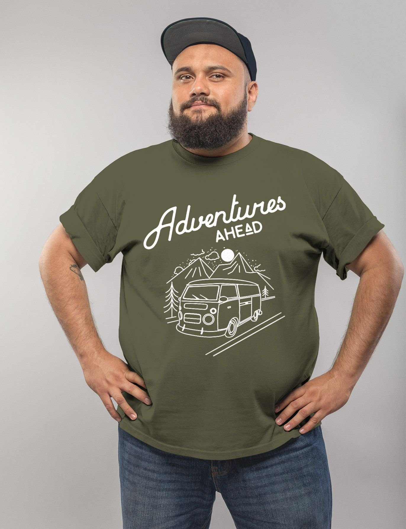 Retro Herren Abenteuer Print grün MoonWorks Ahead Bus Moonworks® mit T-Shirt Adventures Print-Shirt