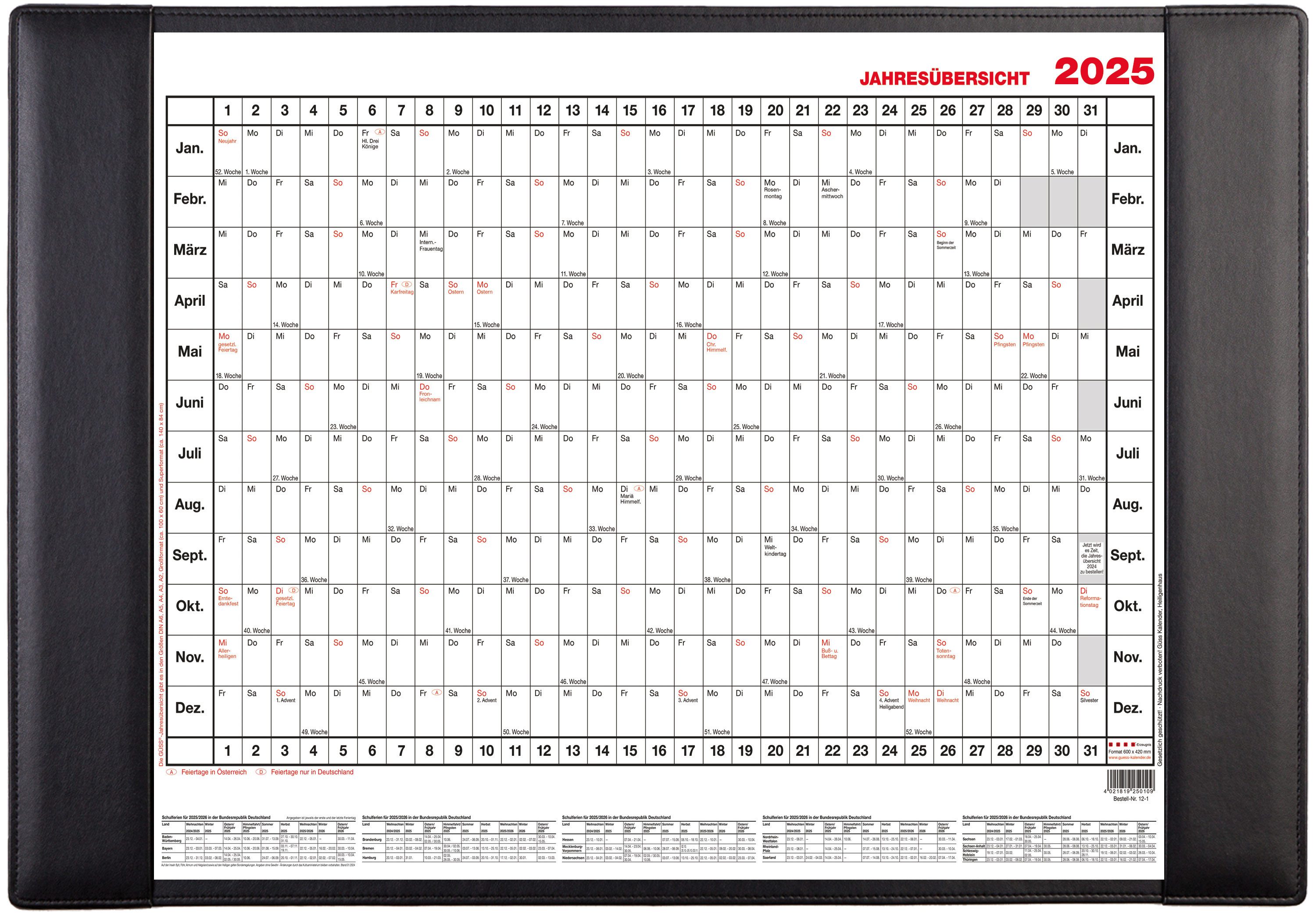 GÜSS Kalender Schreibtischunterlage Schreibunterlage PVC schwarz mit Jahresübersicht 2025