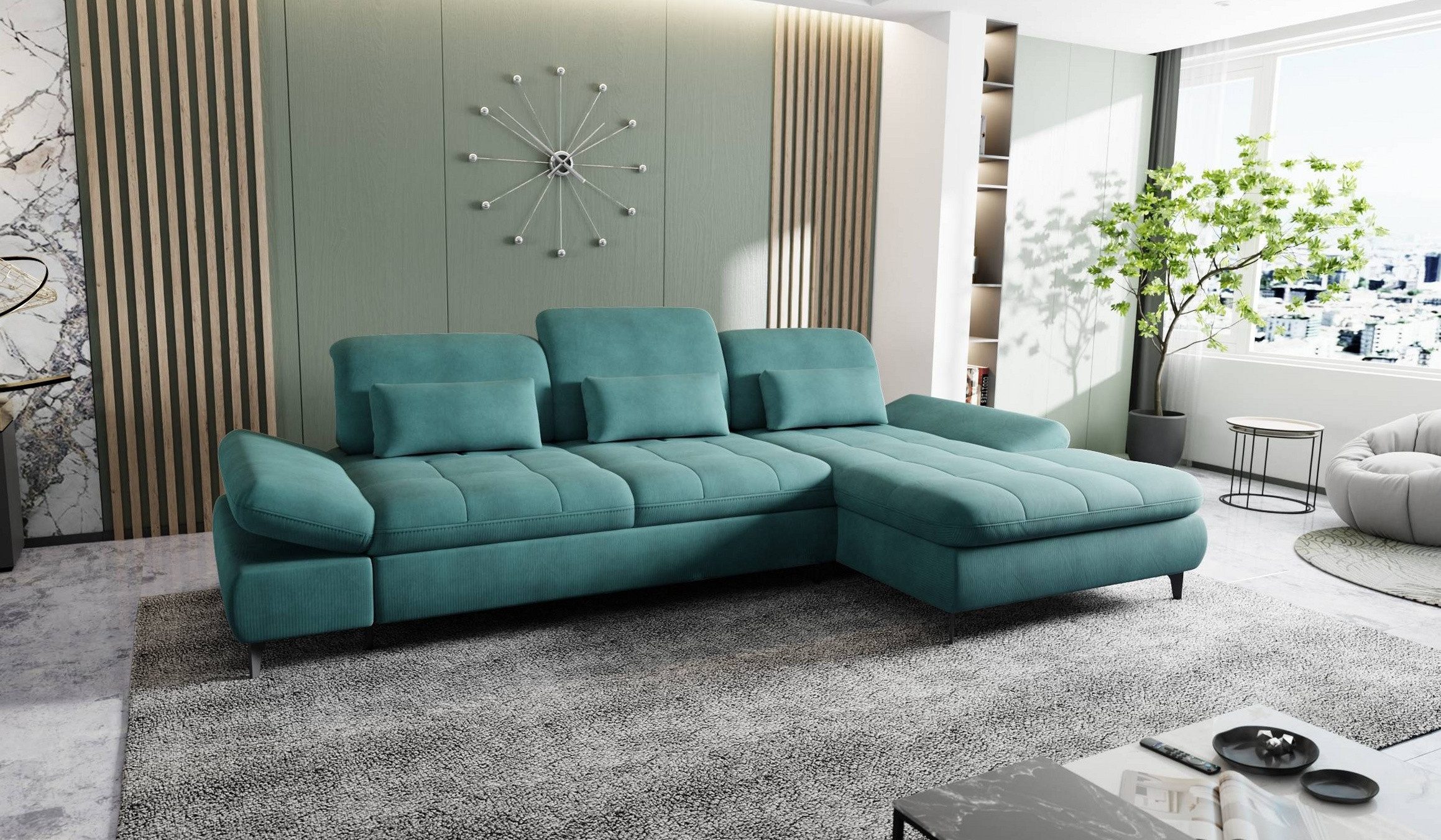Hygger Möbelhaus Ecksofa Nola L-Form, Schlaffunktion & Bettkasten, Sitztiefenverstellung, B × T: 300 × 170 cm, Wellenunterfederung, kostenlose Lieferung inkl. Montage