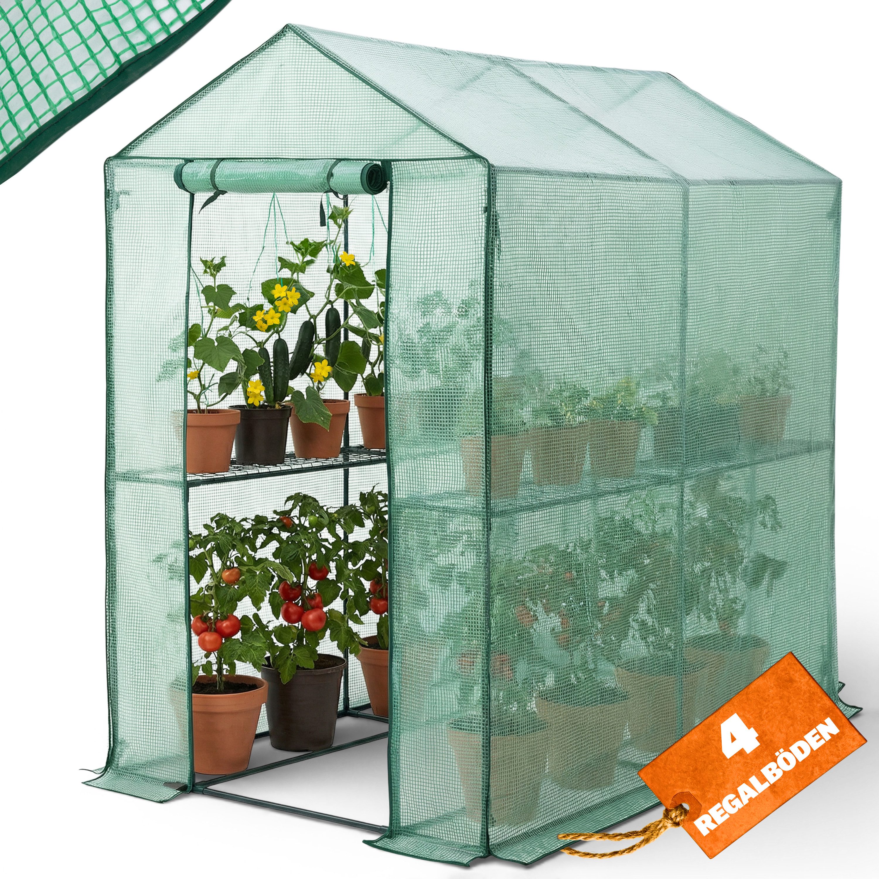 Gardebruk Gewächshaus, Foliengewächshaus 2,23m² 4 Ablagen aufrollbare Tür Treibhaus