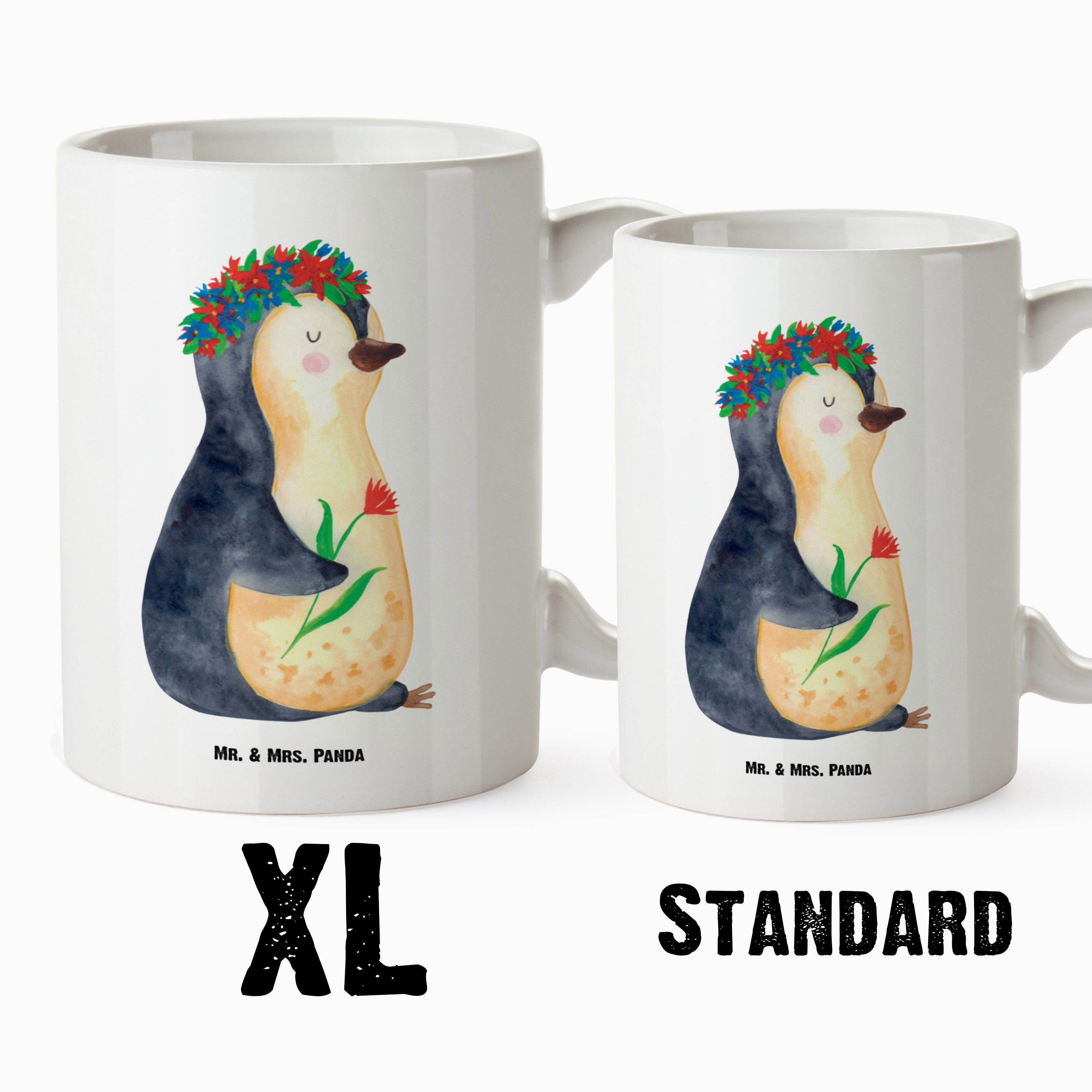 Mr. & Jumbo Blumenkranz Tasse, - Keramik Geschenk, Weiß Pinguin Tasse Blu, Mrs. Liebeskummer, - XL Tasse Panda