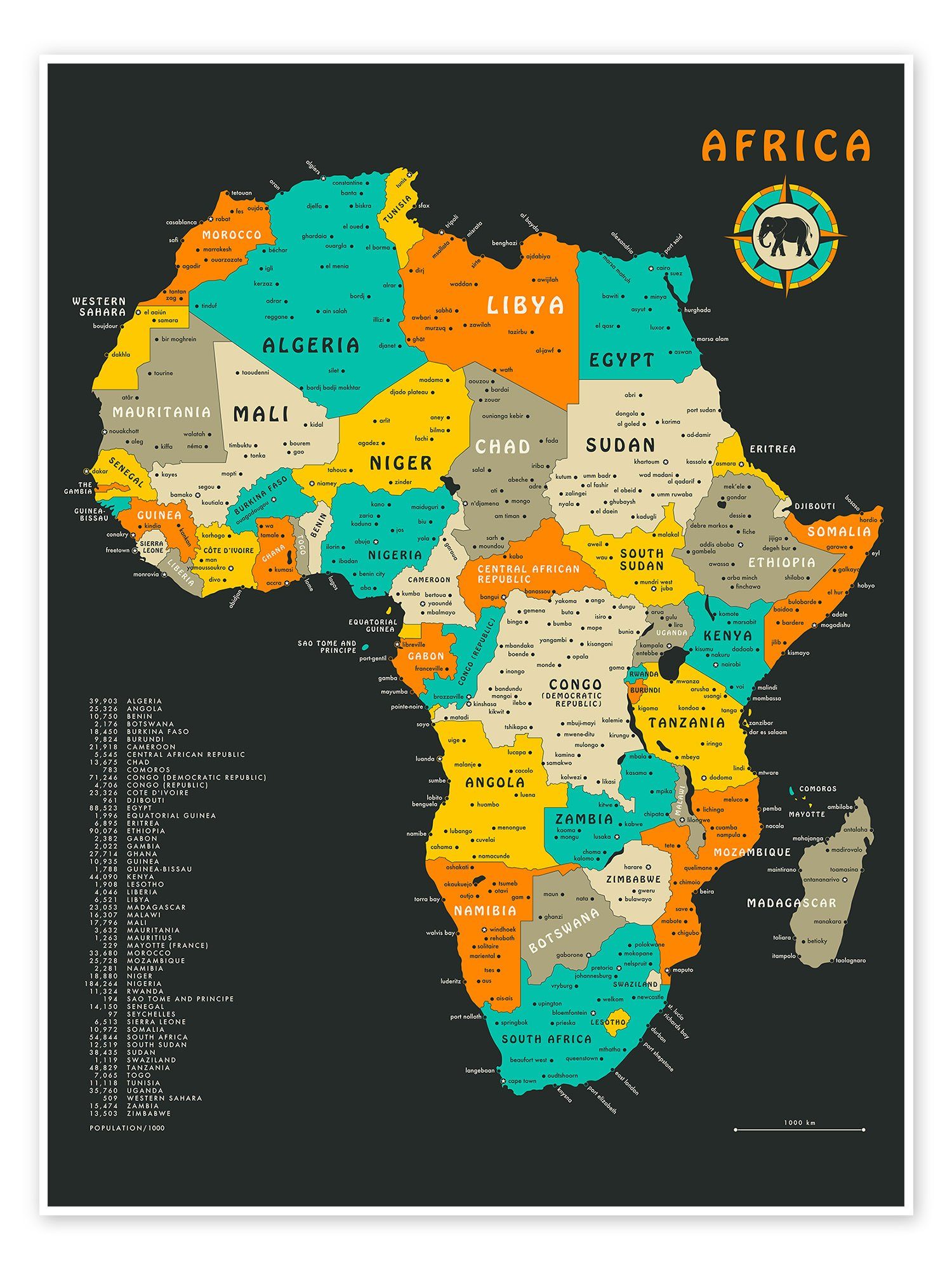Posterlounge Poster Jazzberry Blue, Afrika-Karte, Wohnzimmer Illustration