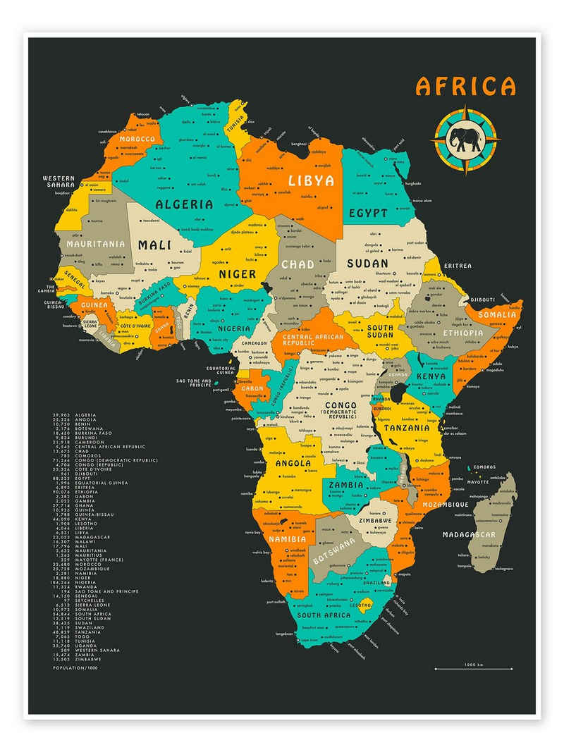 Posterlounge Poster Jazzberry Blue, Afrika-Karte, Wohnzimmer Digitale Kunst