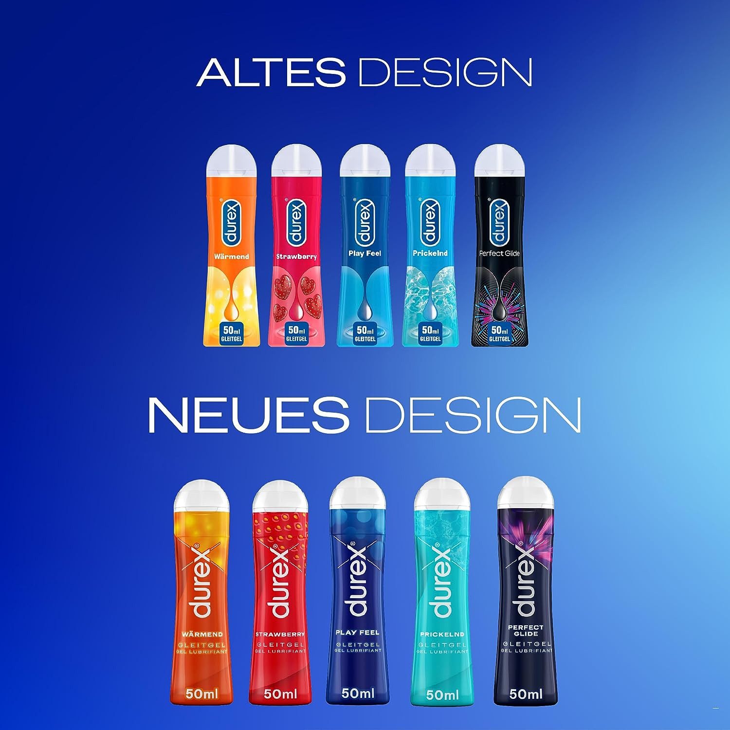 durex Gleitgel Play Perfect Glide & Strawberry & Wärmend & Prickelnd & Play Feel, Ausprobierpaket, 5-tlg., für verschiedenste Erlebnisse (5 x 50ml)