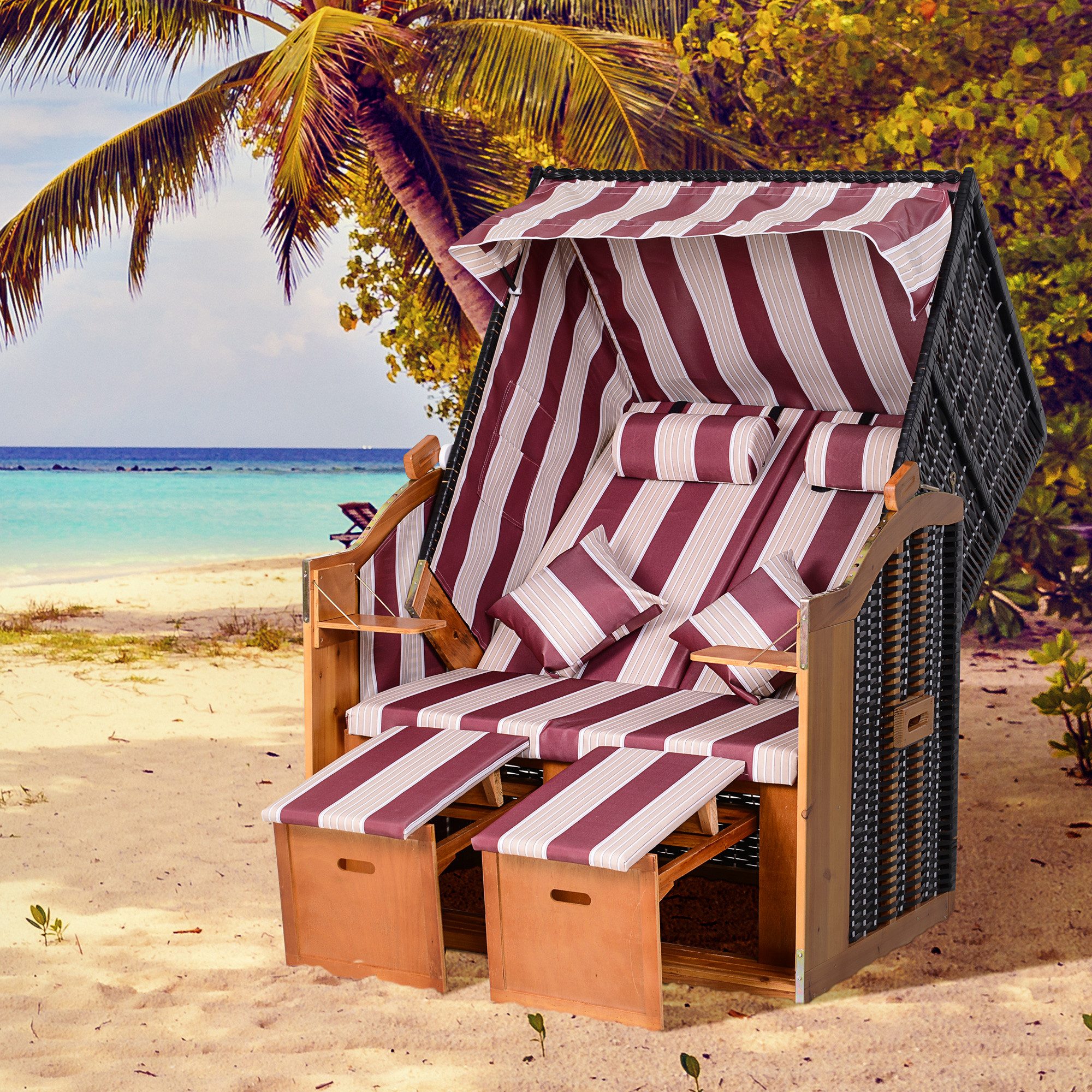 Outsunny Strandkorb Ostsee Volllieger Strandkorb aus Tannenholz, PE Geflecht, Blau+Weiß, BxTxH: 118x79x160 cm, Halblieger, 867-059GY, (Sonnenliege, 1-tlg., Doppelte Sonnenliege), 2-Sitzer