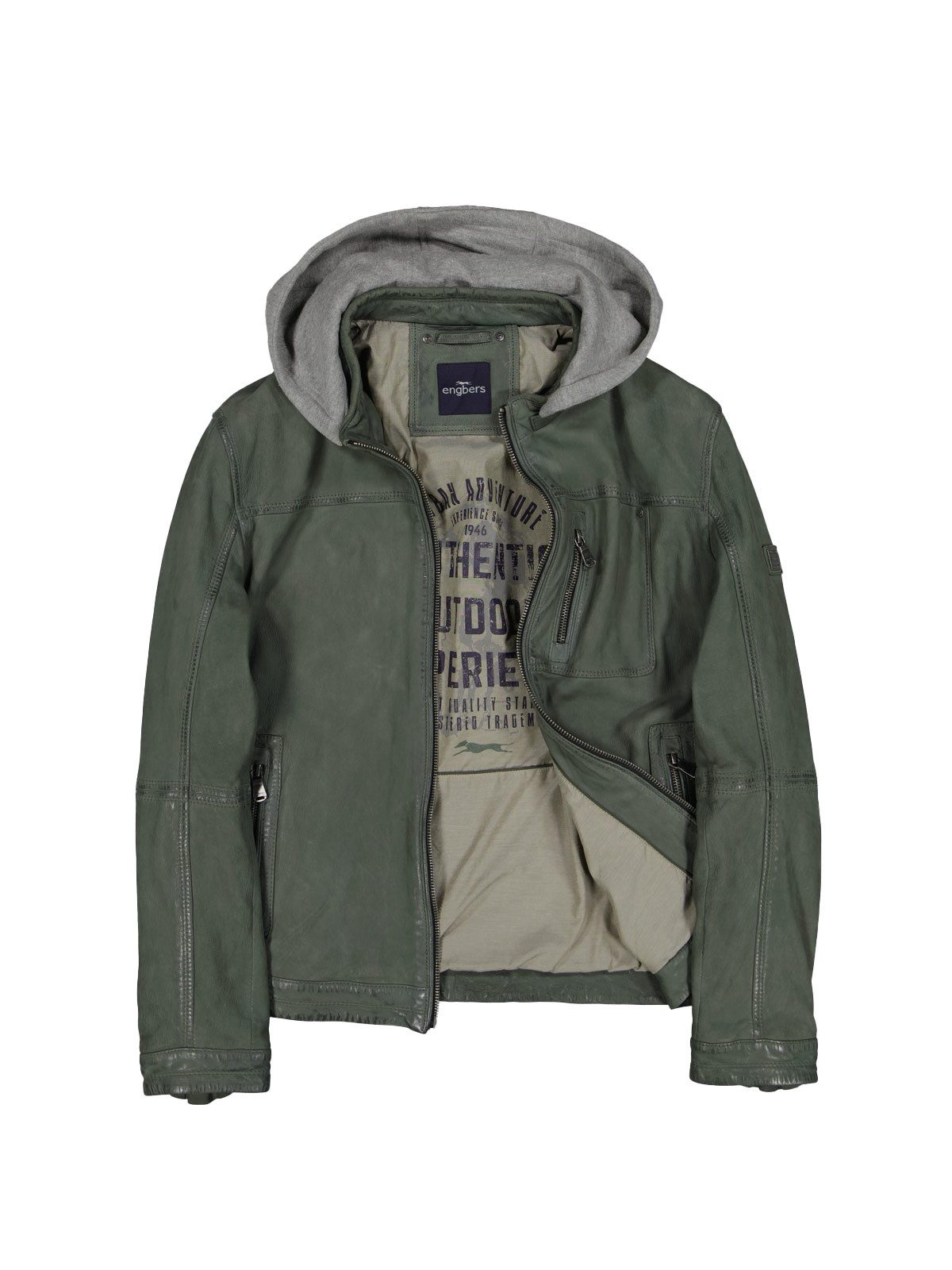 Lederjacke Herren Lederjacke mit abnehmbarer Kapuze, Oliv