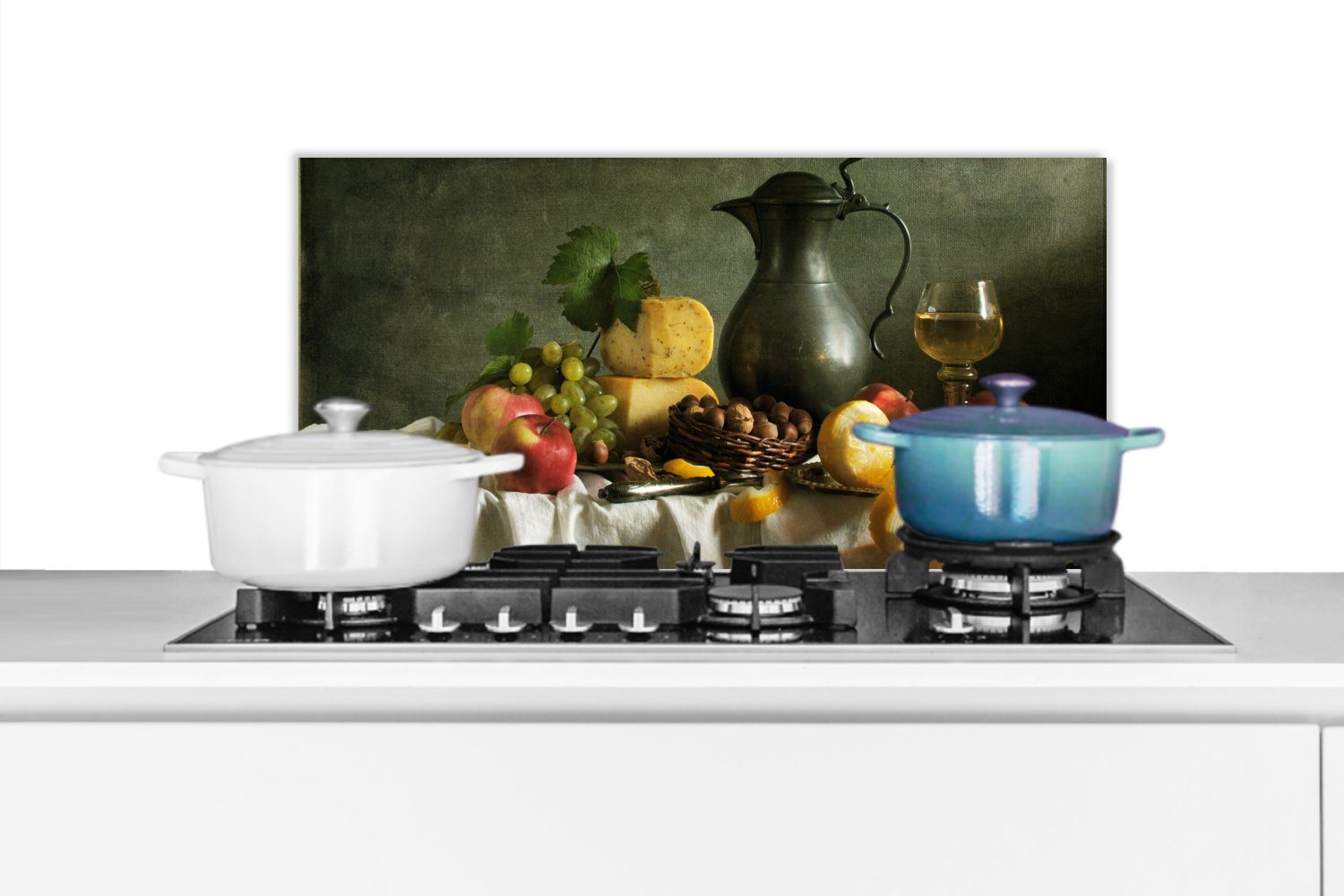 - und MuchoWow Küchen Rustikal für Käse Fett Teekanne - Wandschutz, (1-tlg), Stilleben, cm, - Schmutzflecken Obst - Küchenrückwand gegen 60x30