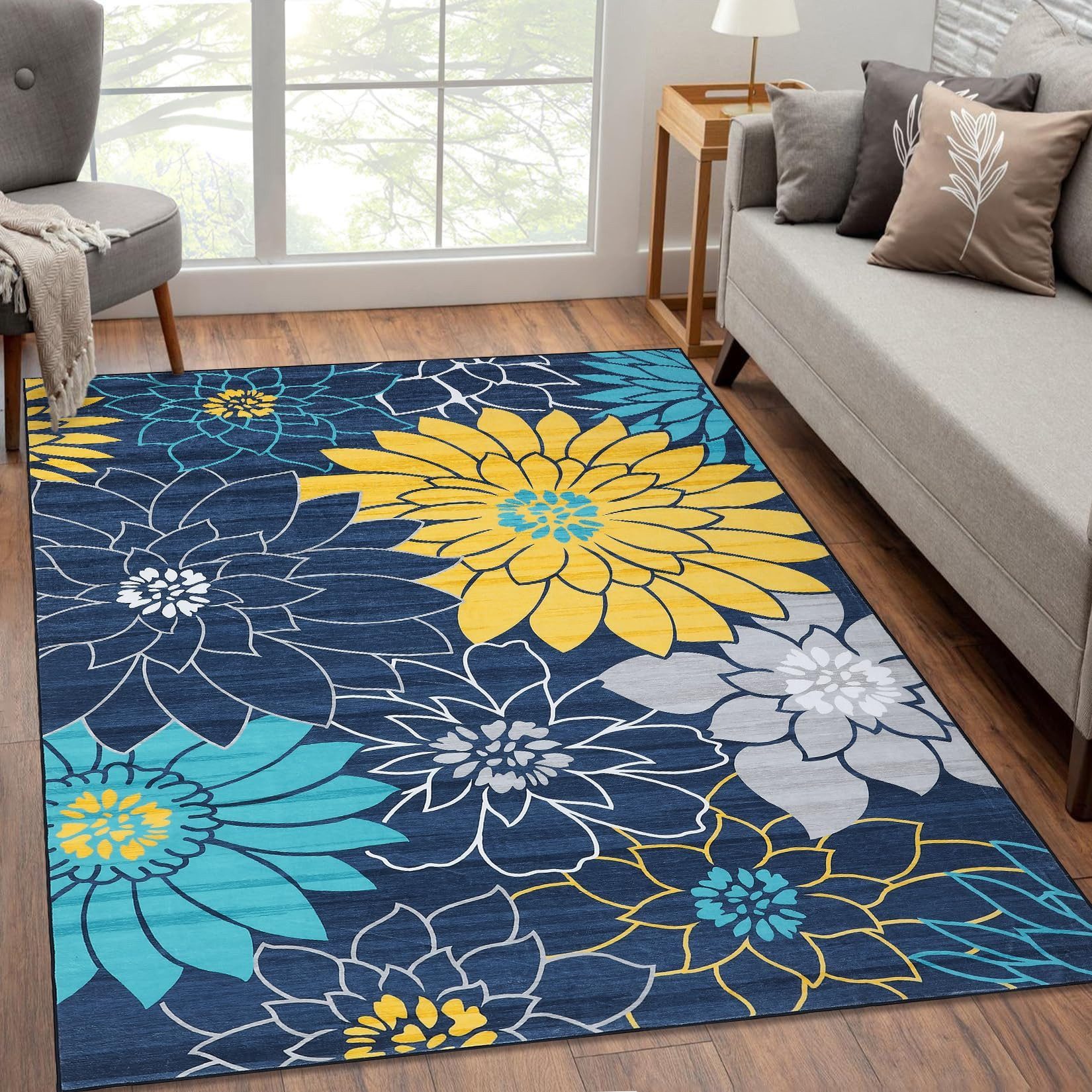GarveeMore Teppich Blau Teppich Blumen Wohnzimmerteppich mit großem Blütendesign, rechteckig, Höhe: 5 mm