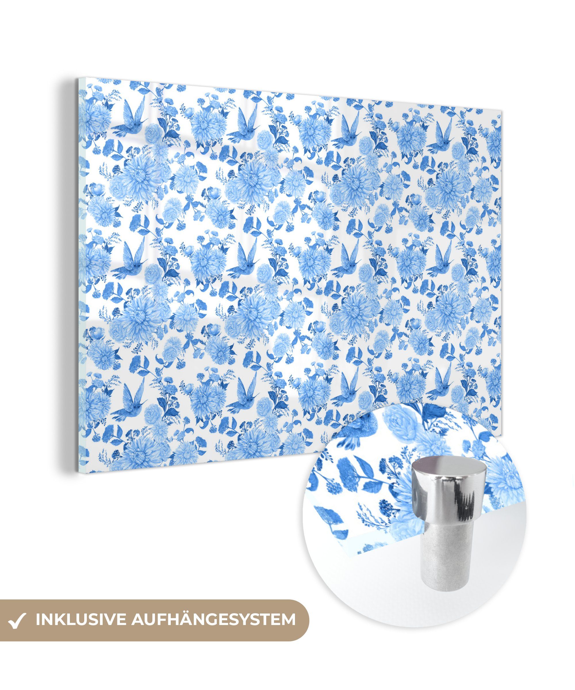 MuchoWow Acrylglasbild Blumen - Rosen - Blau - Muster, (1 St), Glasbilder - Bilder auf Glas Wandbild - Foto auf Glas - Wanddekoration