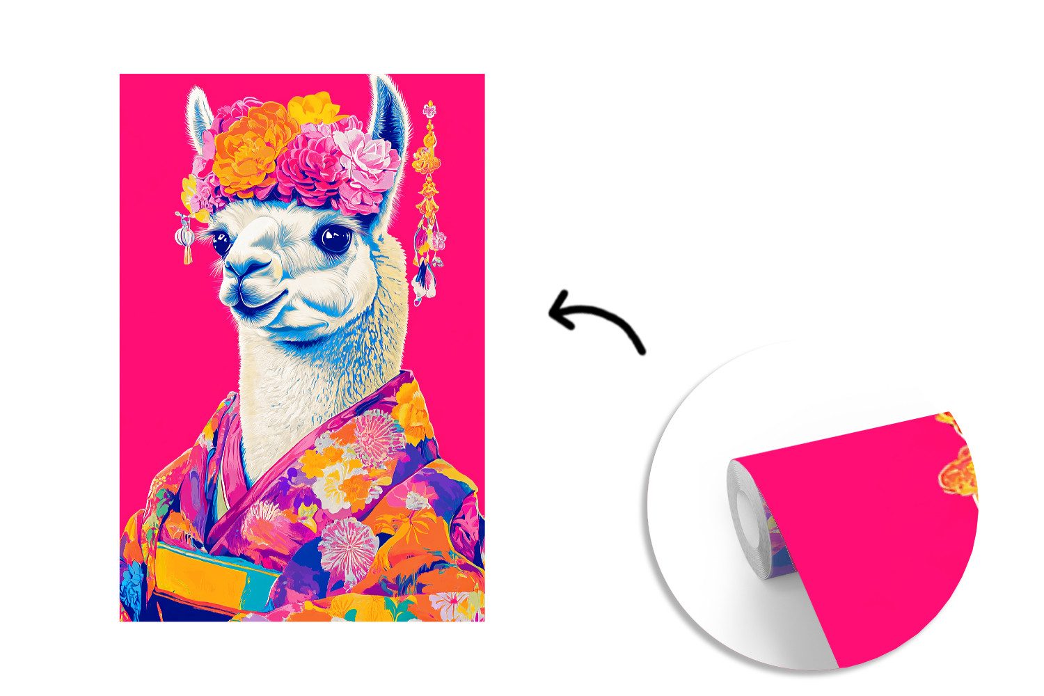 MuchoWow Fototapete Lama - Kimono - Blumenkranz - Hellrosa, Matt, bedruckt, Montagefertig Vinyl Tapete, Wandtapete, 145x220 cm