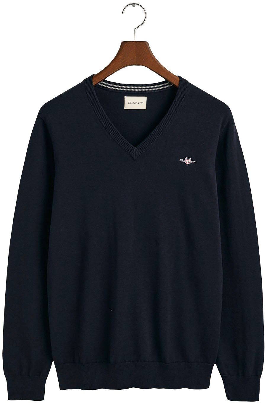 Evening Classic aus Premium Gant 100% Baumwolle, Übergangspullover V-Neck Cotton Strickjersey weicher blue V-Ausschnitt-Pullover