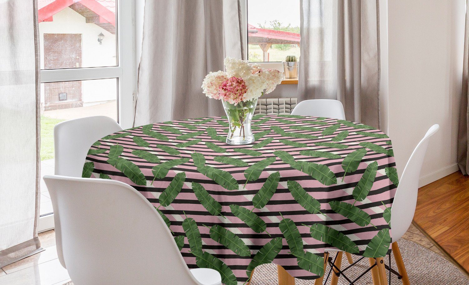 Abakuhaus Tischdecke Kreis Tischdecke Abdeckung für Esszimmer Küche Dekoration, Tropical Bananenblätter auf Streifen