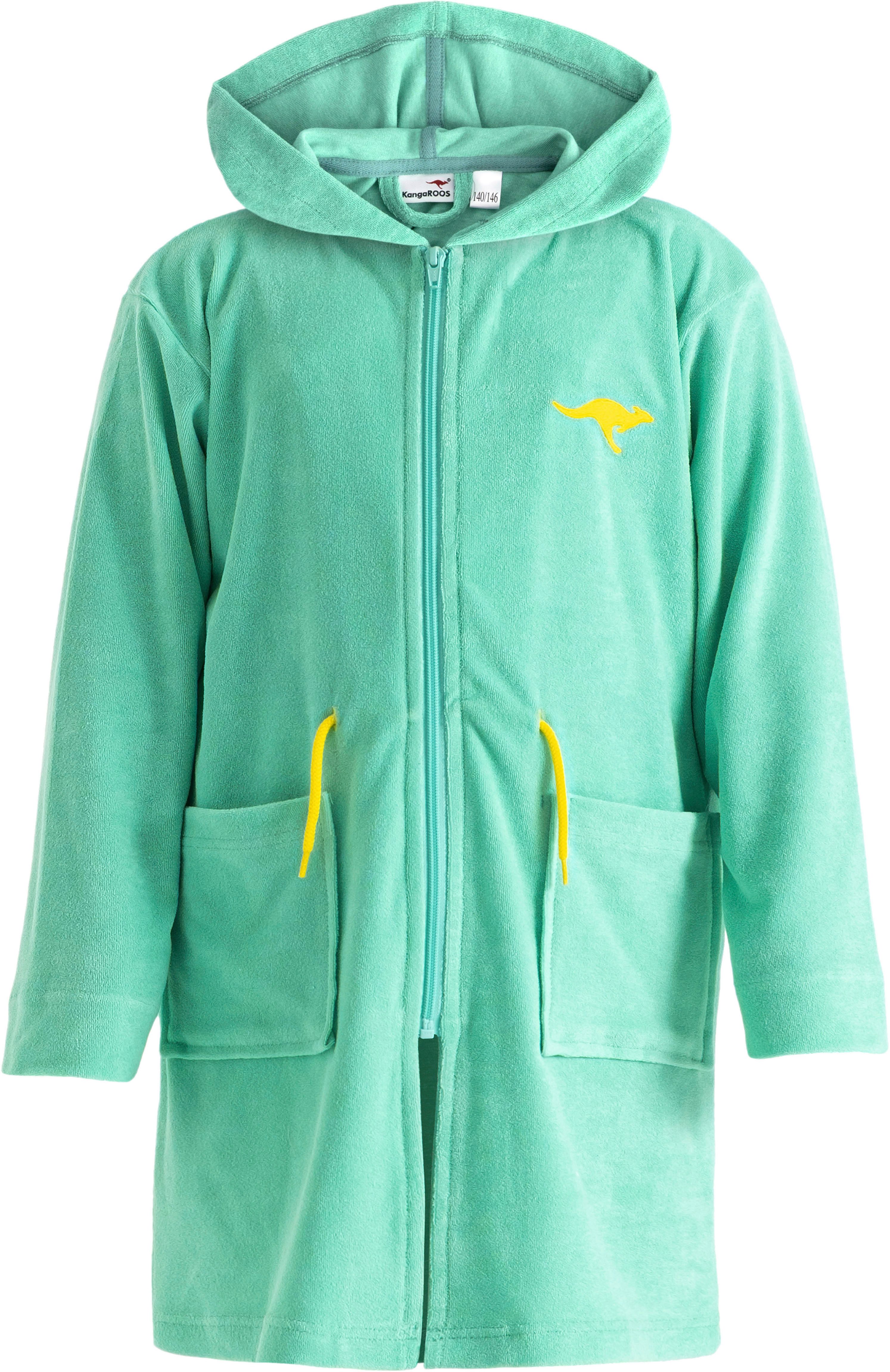 KangaROOS Kinderbademantel Kira, Ideal für Zuhause, Schwimmbad oder im Urlaub, Kurzform, Leichtfrottier, Kapuze, Reißverschluss, modernen, sportliches Design, leuchtenden Akzenten