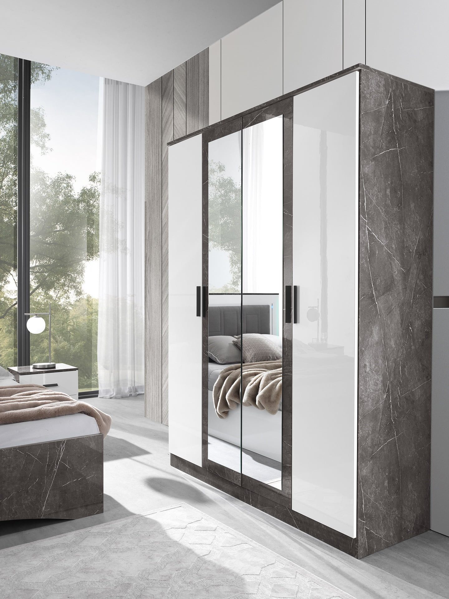 Interdesign24 Schlafzimmer-Set Iris, (6-Teilig, mit Kopfteilpolsterung, in Weiß/Grau Hochglanz), Made in Italy