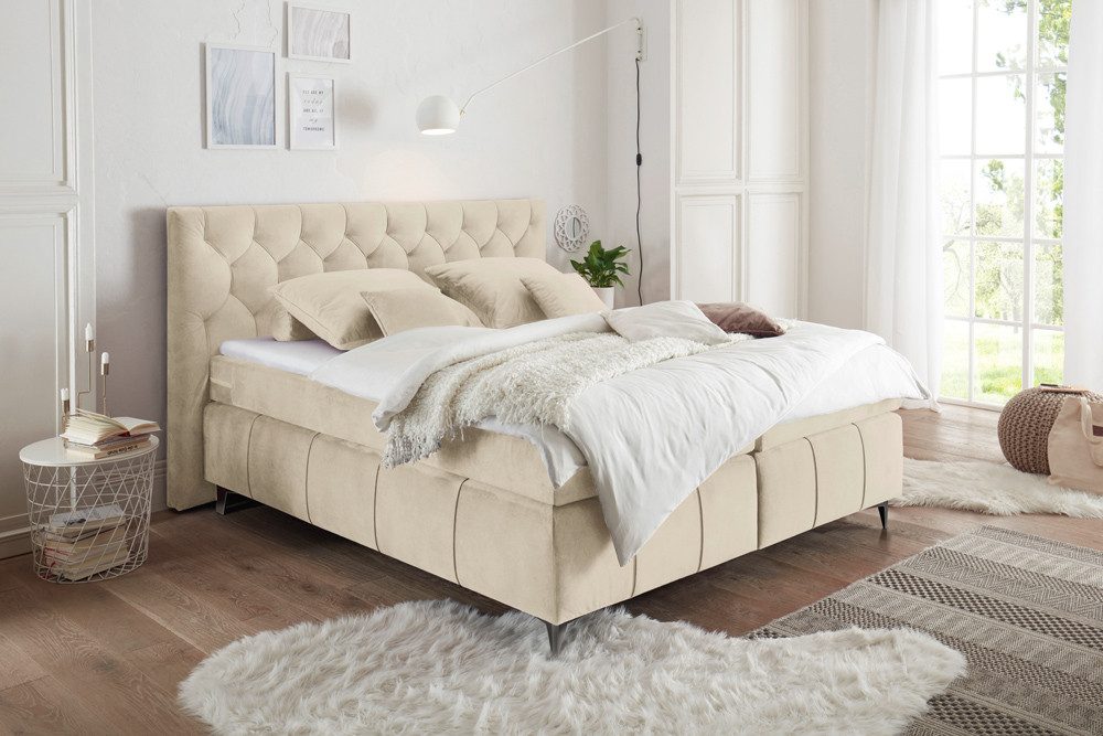 riess-ambiente Boxspringbett EUPHORIA 180x200cm champagner beige -gepolstert, Federkern, Doppelbett, Bett · inkl. Matratze & Topper · Samt-Bezug · mit Ziersteppung