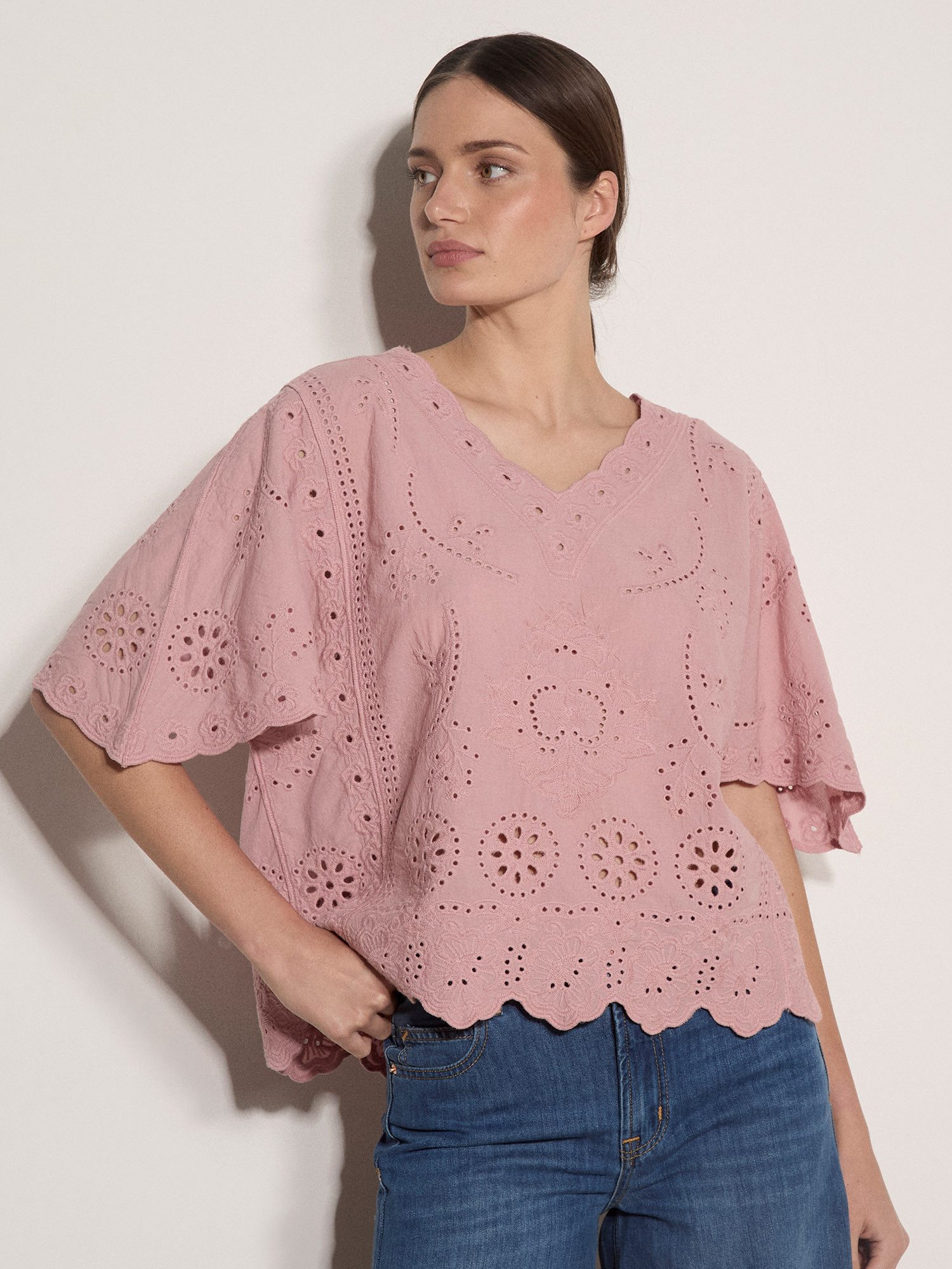 Apricot Spitzentop Embroidered Cotton Top (1-tlg) mit Stickereien