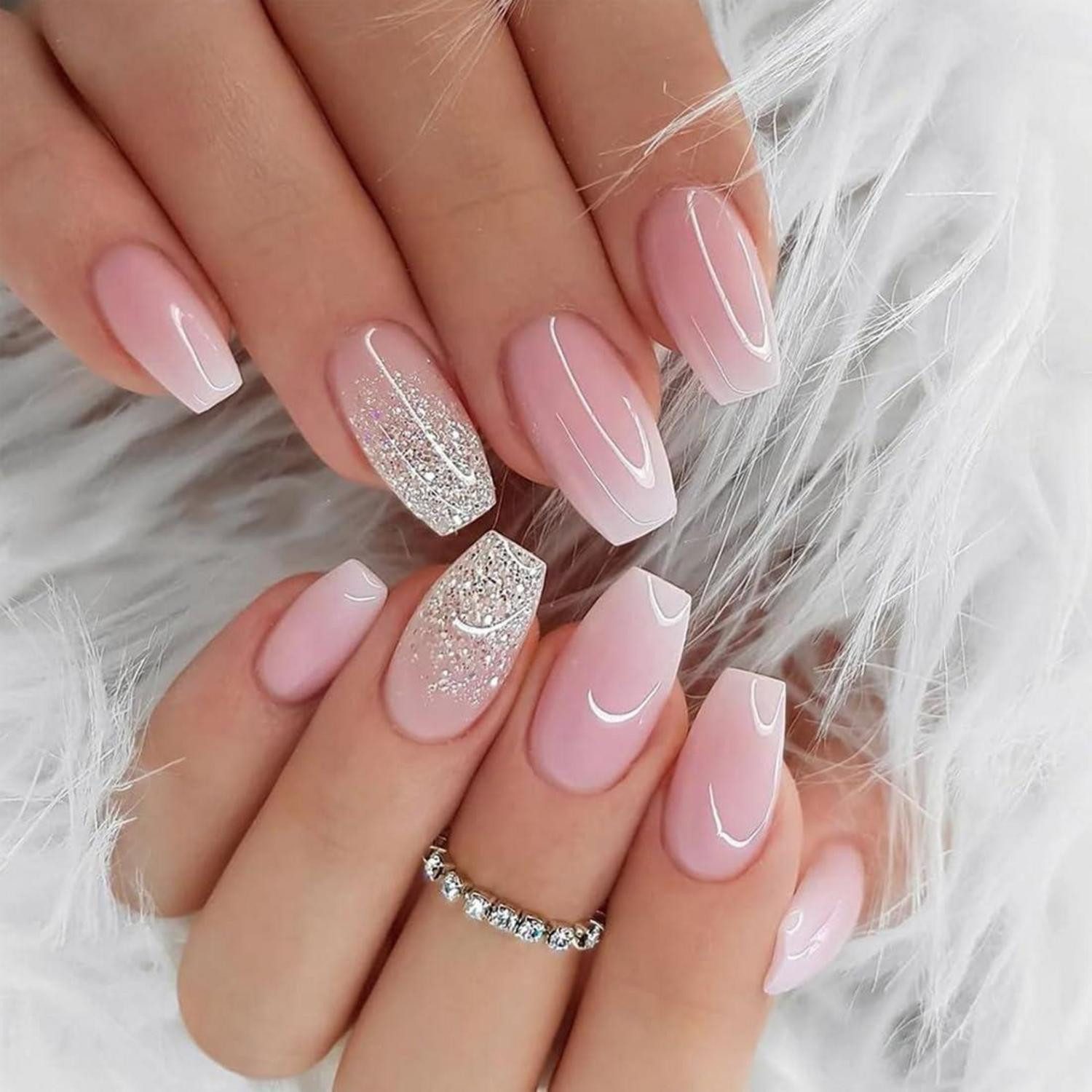 LuxusKollektion Kunstfingernägel Künstlicher Nagel 24 Stück Acryl Eckig French Full Cover Rosa Glitzer