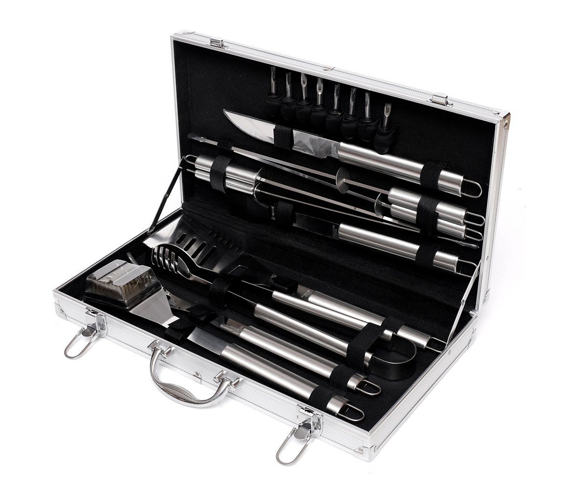 Grill Koffer Grillbesteck-Set Edelstahl Küchenhelfer 18-teilig mit Brillibrum Grillkoffer BBQ Set Silber Koffer