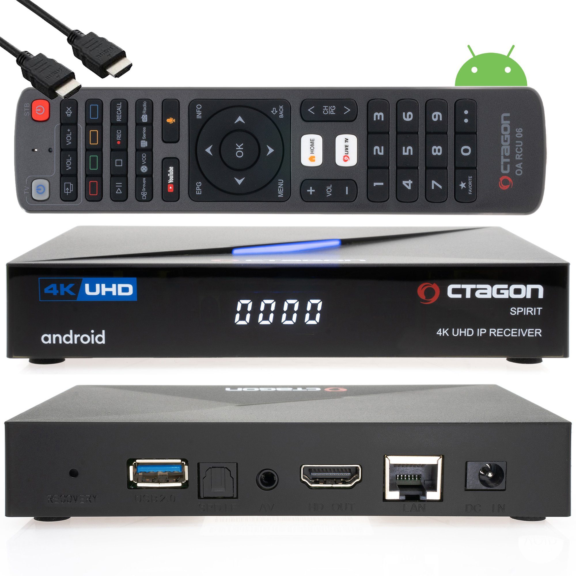 Streaming-Box Spirit 4K UHD HDR10+ Smart Android TV OTT mit WLAN, BT Fernbedienung